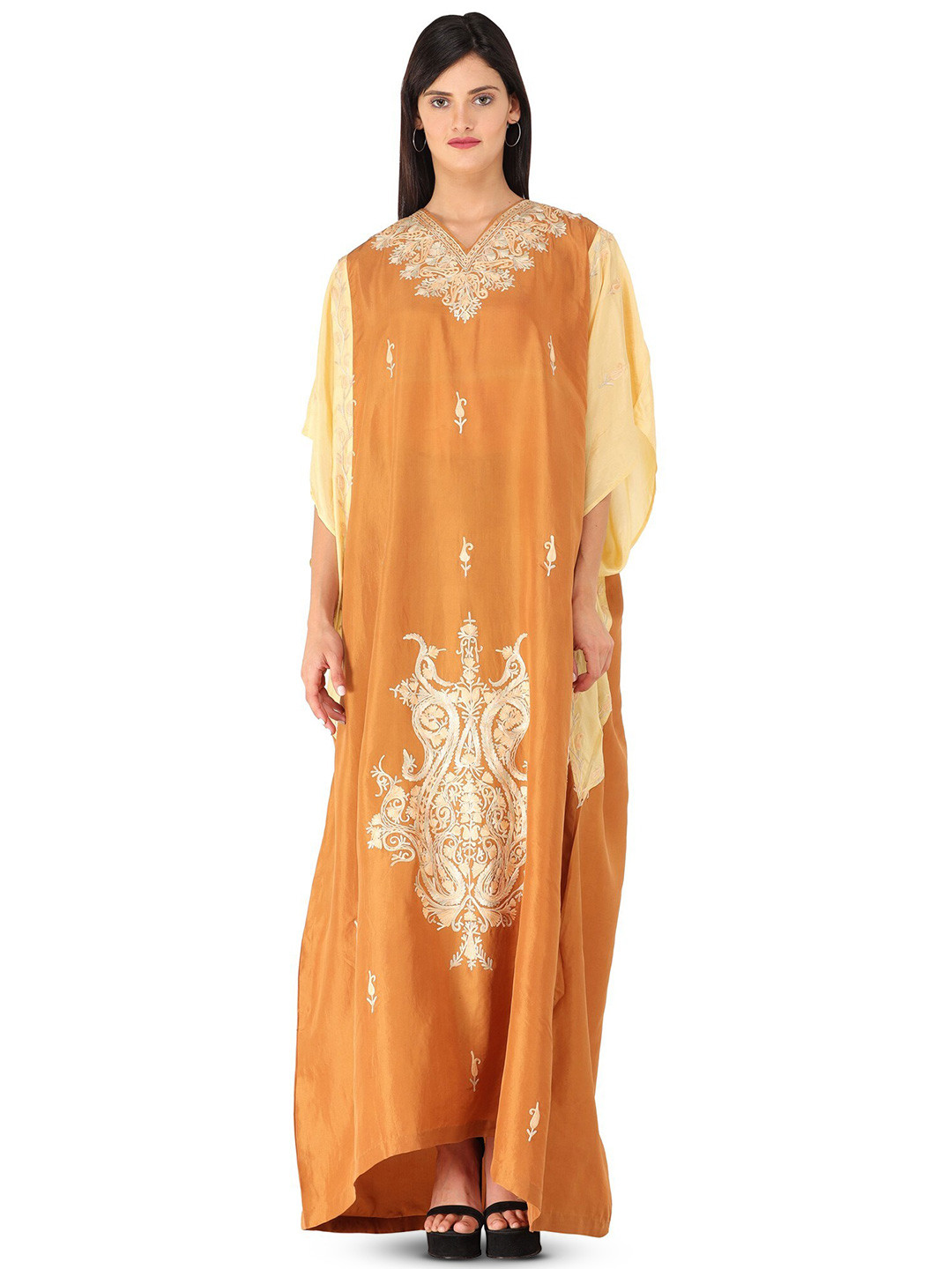 Exotic India Sudan Brown Long Kashmiri Chiffon Kaftan with Aari Embroidered Flowers