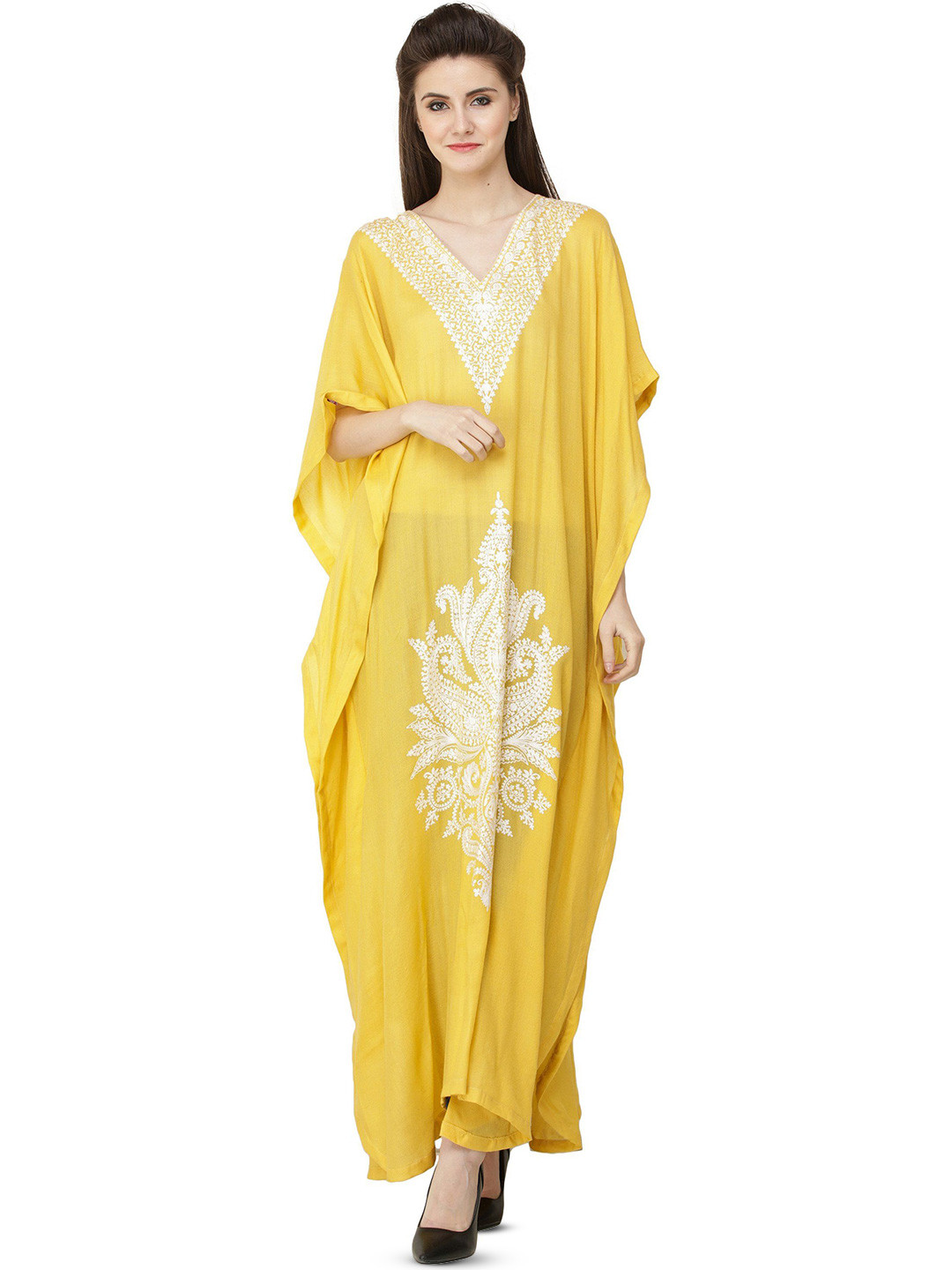 Exotic India Cashmere Long Kashmiri Kaftan with Aari Embroidered Flowers and Paisleys