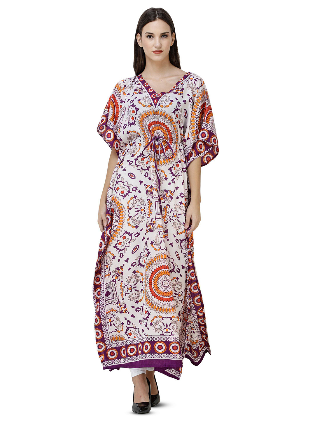 Exotic India Long Printed Kaftan Dress with Waist Sash