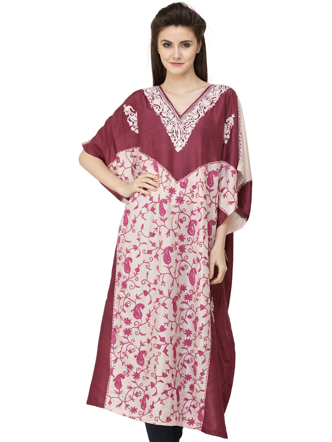 Exotic India Hawthorn Rose Double-Shaded Kashmiri Short Kaftan with Aari Embroidery