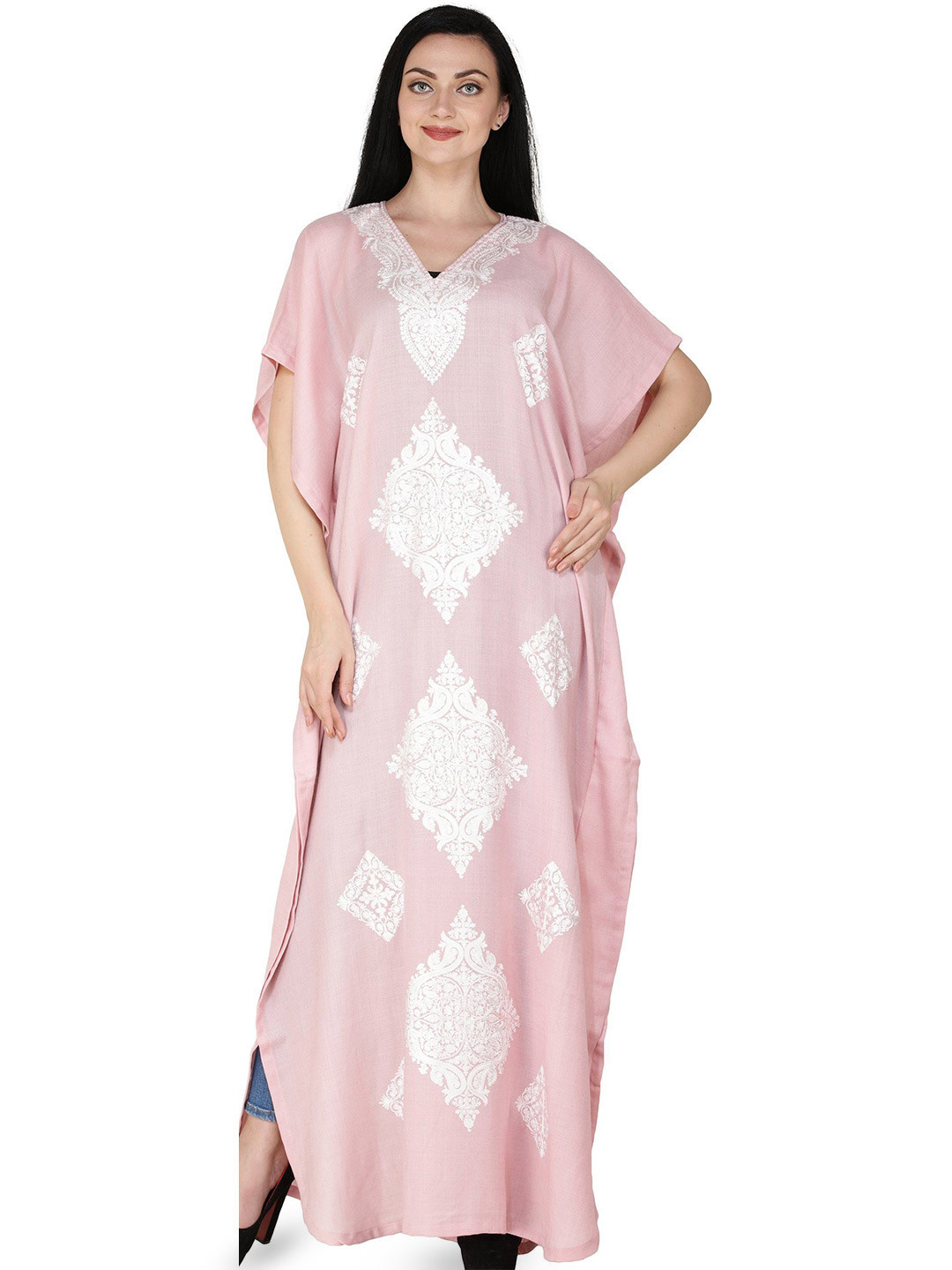 Exotic India Coral Blush Kashmiri Kaftan with Aari Embroidered White Flowers and Vines