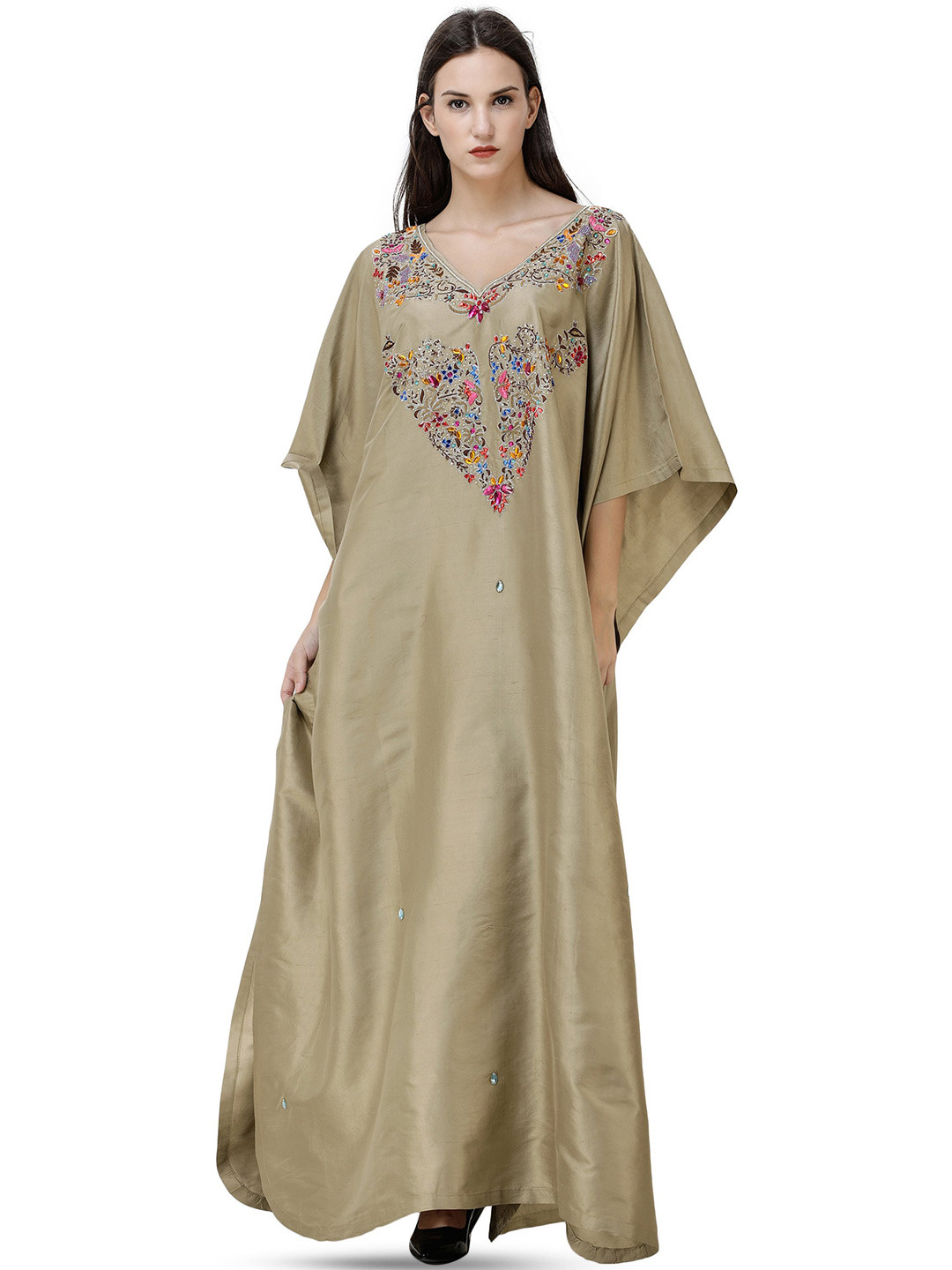 Exotic India Safari Kashmiri Long Kaftan Embellished with Multicolor Crystals and Sequins