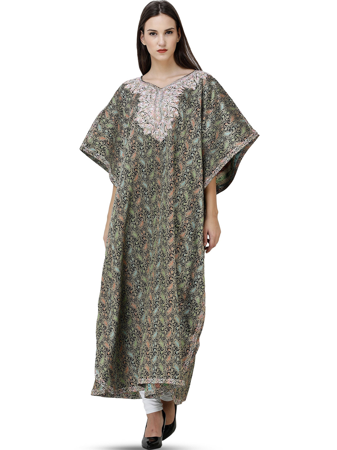 Exotic India Caviar Black Long Kashmiri Kaftan with Zari-Embroidered Paisleys All-Over