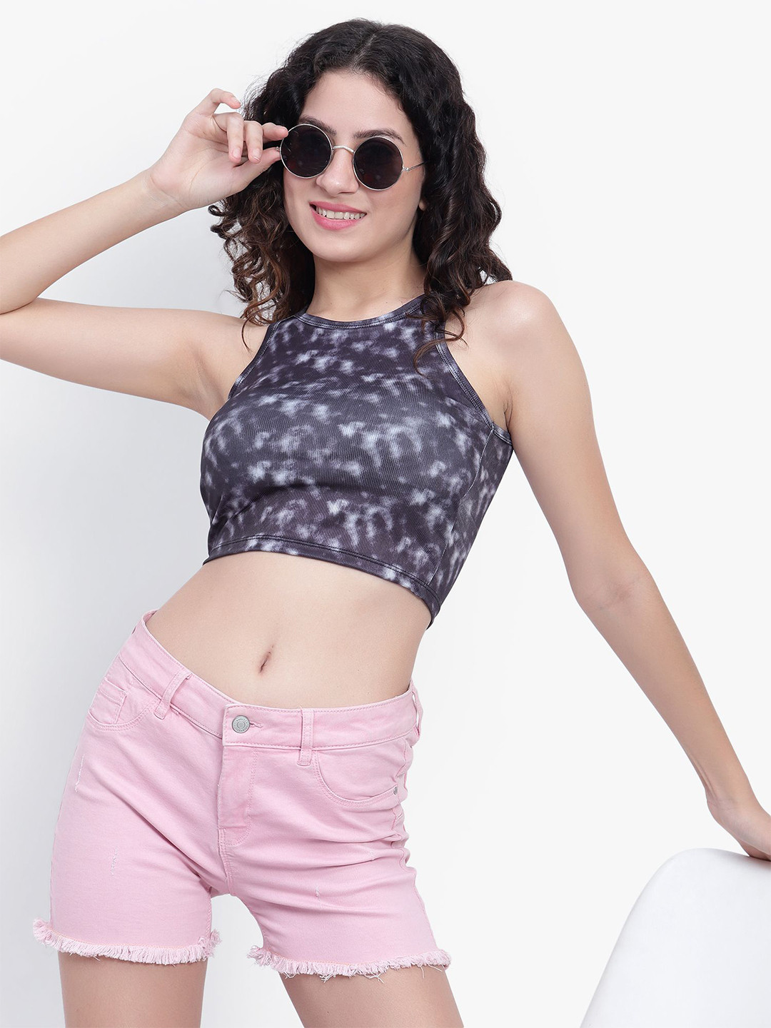 BRACHY Abstract Printed Round Neck Fitted Opaque Crop Cotton Fitted Top