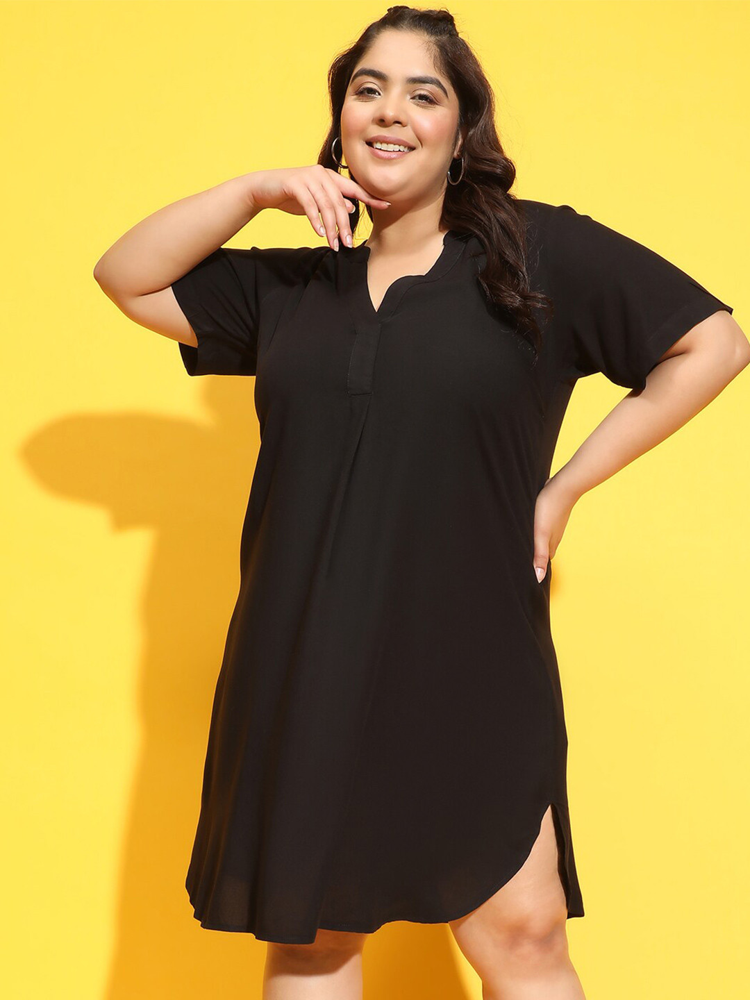 Oxolloxo Plus Size Band Collar A-Line Mini Dress