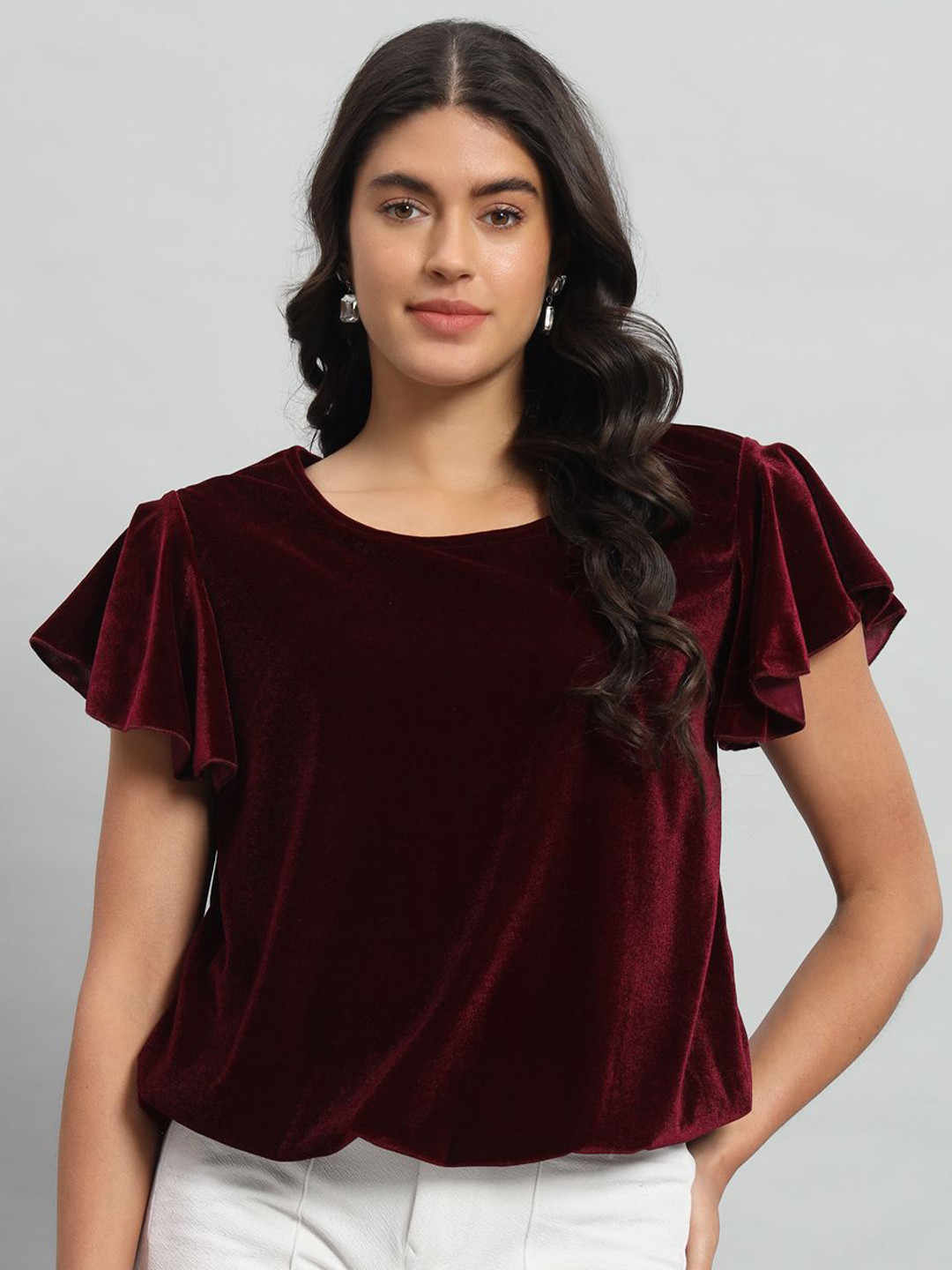 VAARARO Round Neck Flutter Sleeves Gathered Velvet Blouson Top