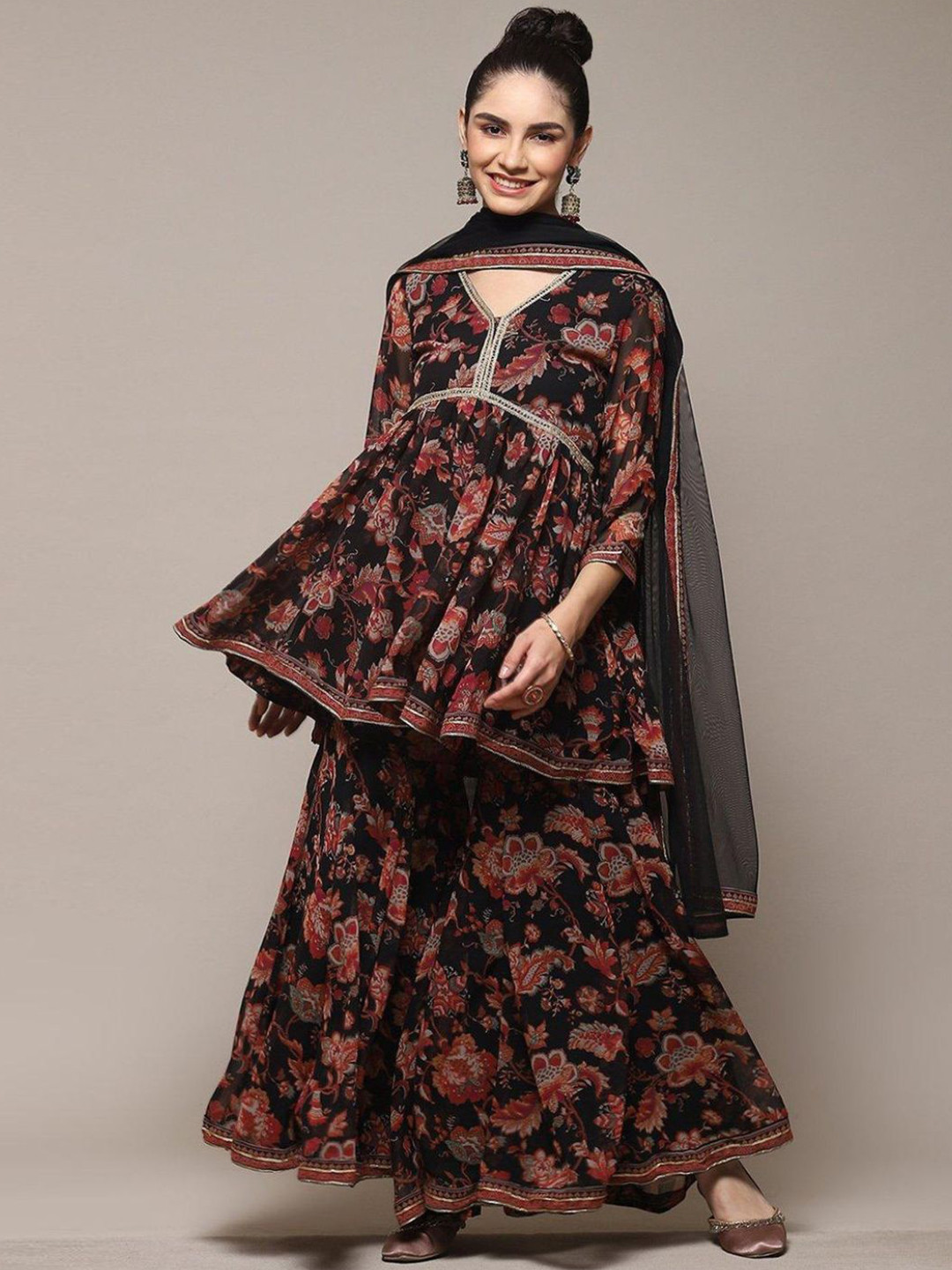 Biba Floral Printed Anarkali Kurti With Sharara & Dupatta