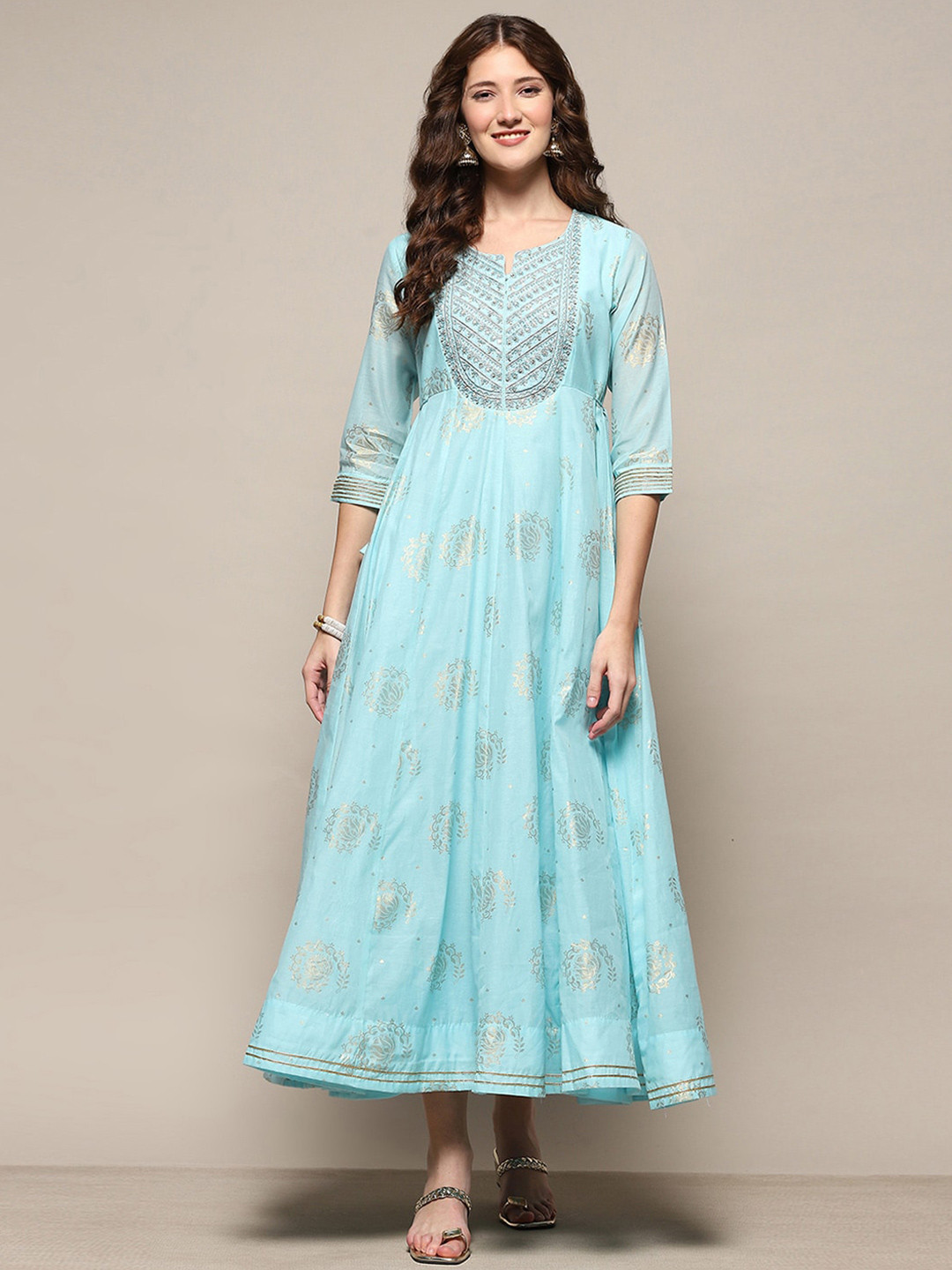 Biba Floral Printed Notched Neck A-Line Blue Maxi Dress For Women