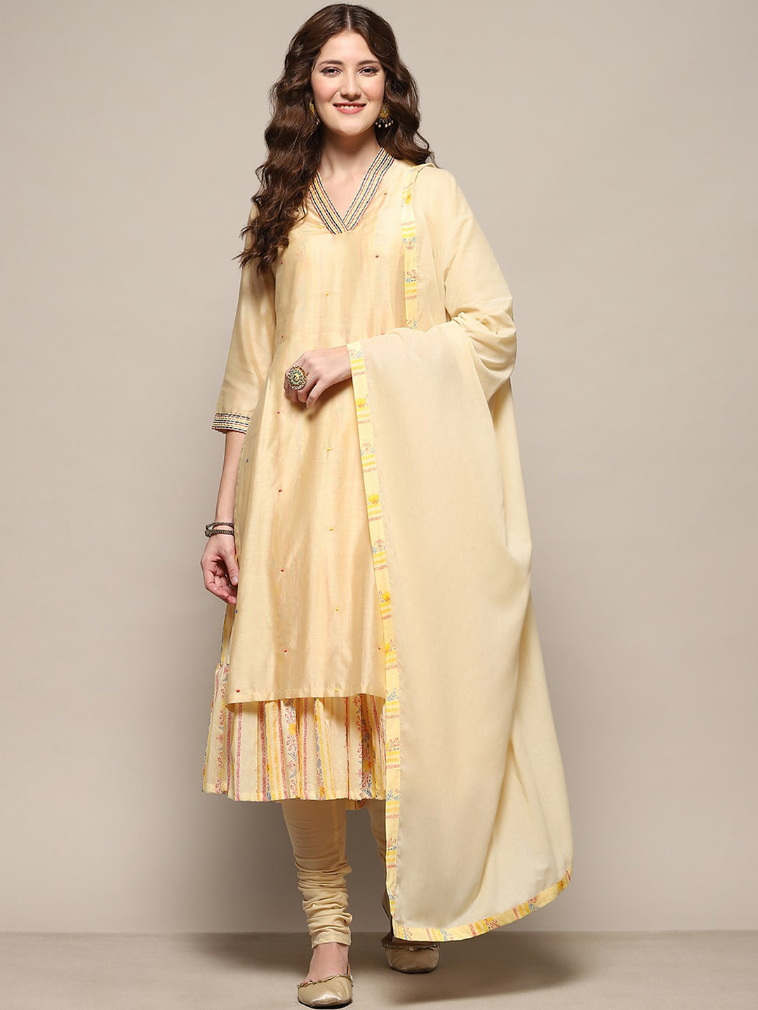 Biba Embroidered V-Neck Layered Thread Work Kurta with Churidar & Dupatta