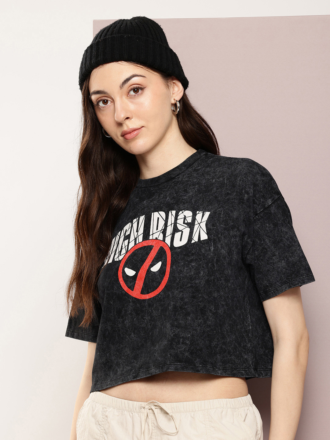 Kook N Keech Marvel Deadpool Printed Oversized Drop-Shoulder Sleeves Crop Boxy T-shirt