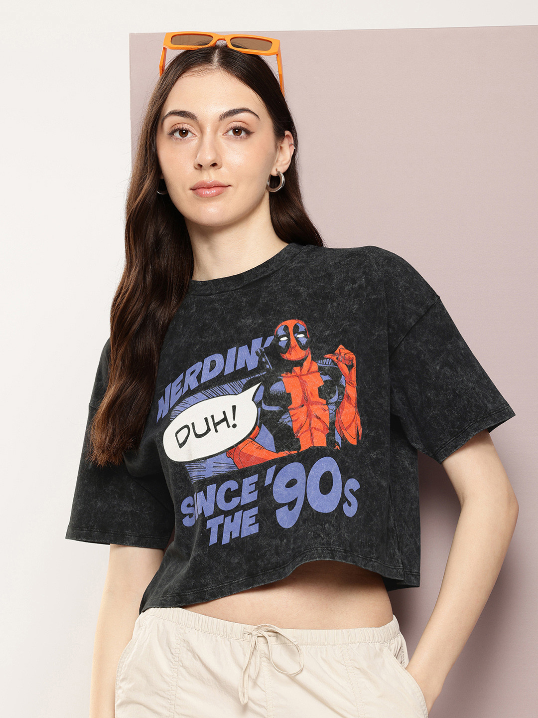 Kook N Keech Marvel Deadpool Printed Drop-Shoulder Sleeves Crop Boxy T-shirt