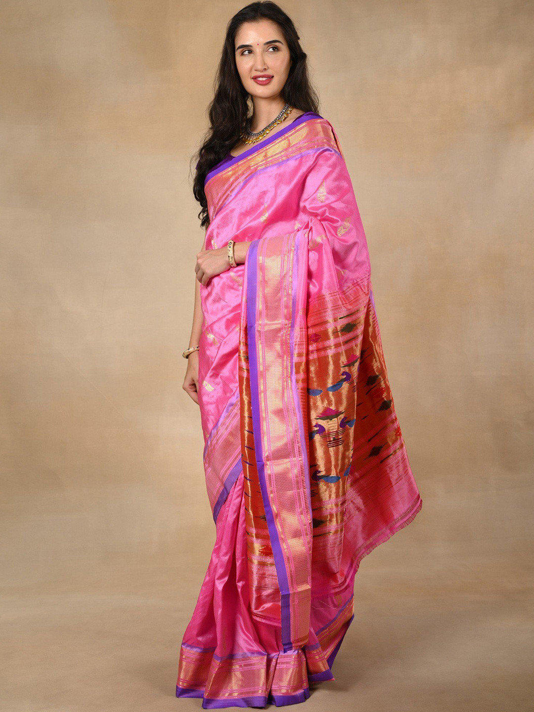 Exotic India Vintage Pink Paithani Saree with Traditional Big Mor Butta & Mor Kunda Motifs