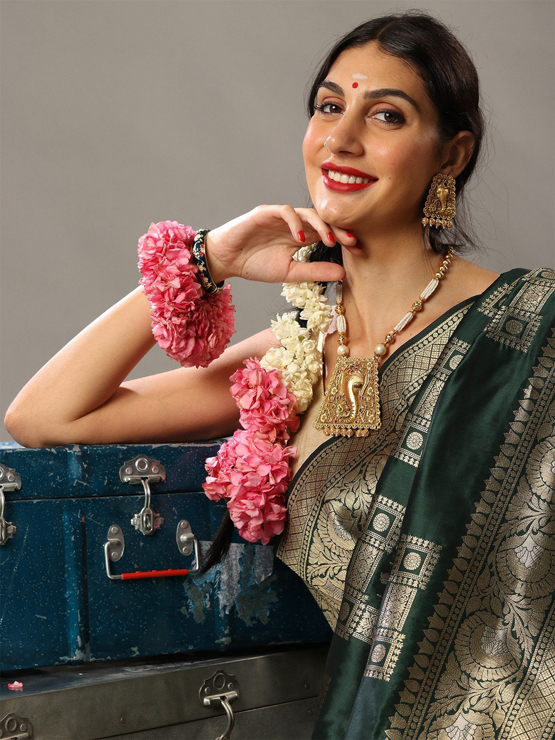 Exotic India Greener Pastures Banarasi Saree with Tassel Pallu