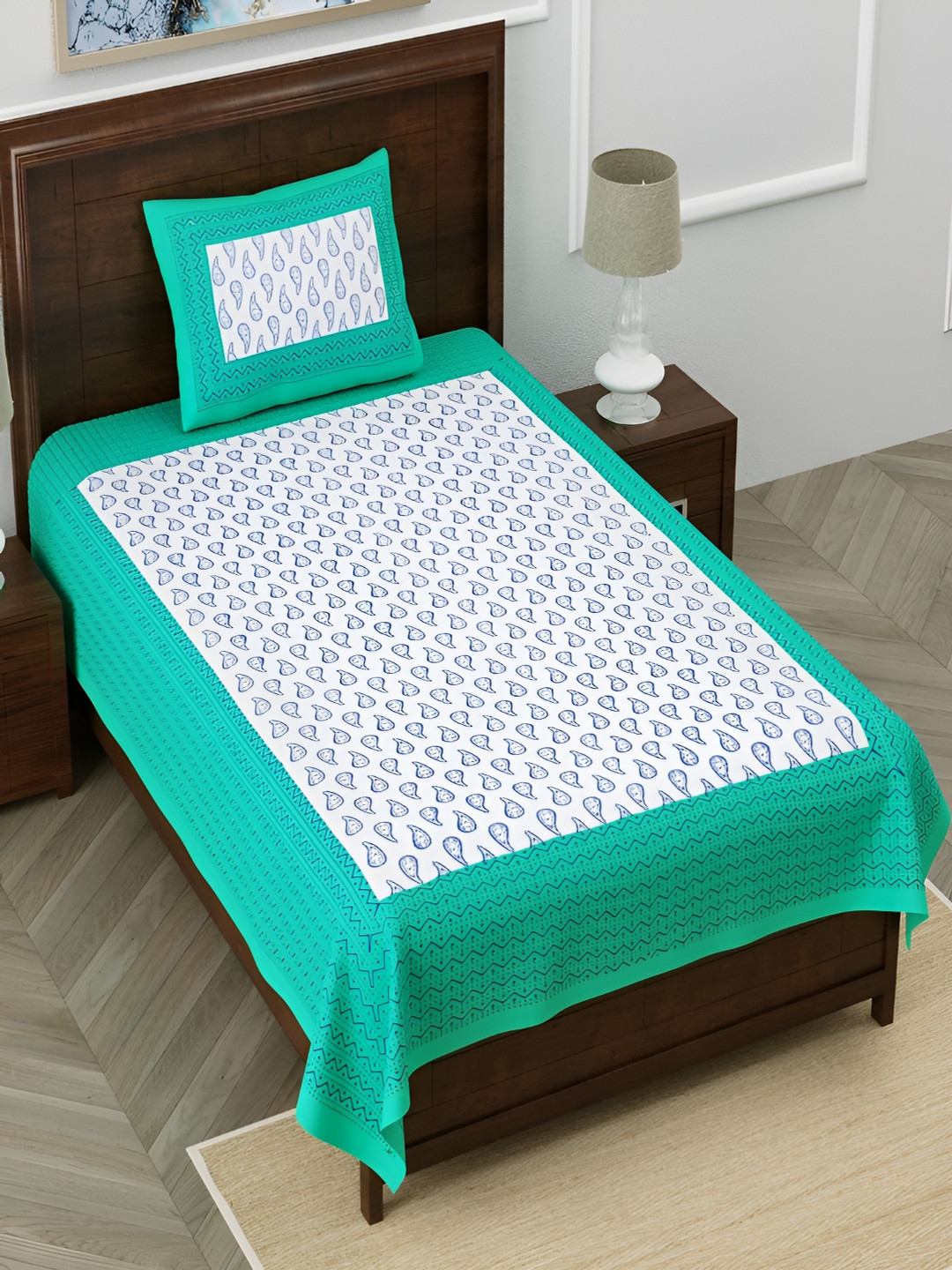 Aura Kamalbuti Turquoise Blue Paisley Cotton 120 TC Single Bedsheet with 2 Pillow Covers-225 x 145 cm