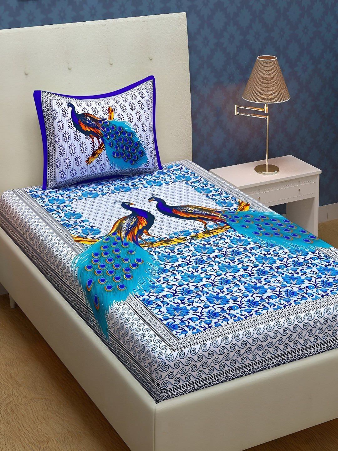 Aura Jaipuri Blue Animal Pure Cotton 120 TC Fitted Single Bedsheet with 2 Pillow Covers-89 x 57 inches