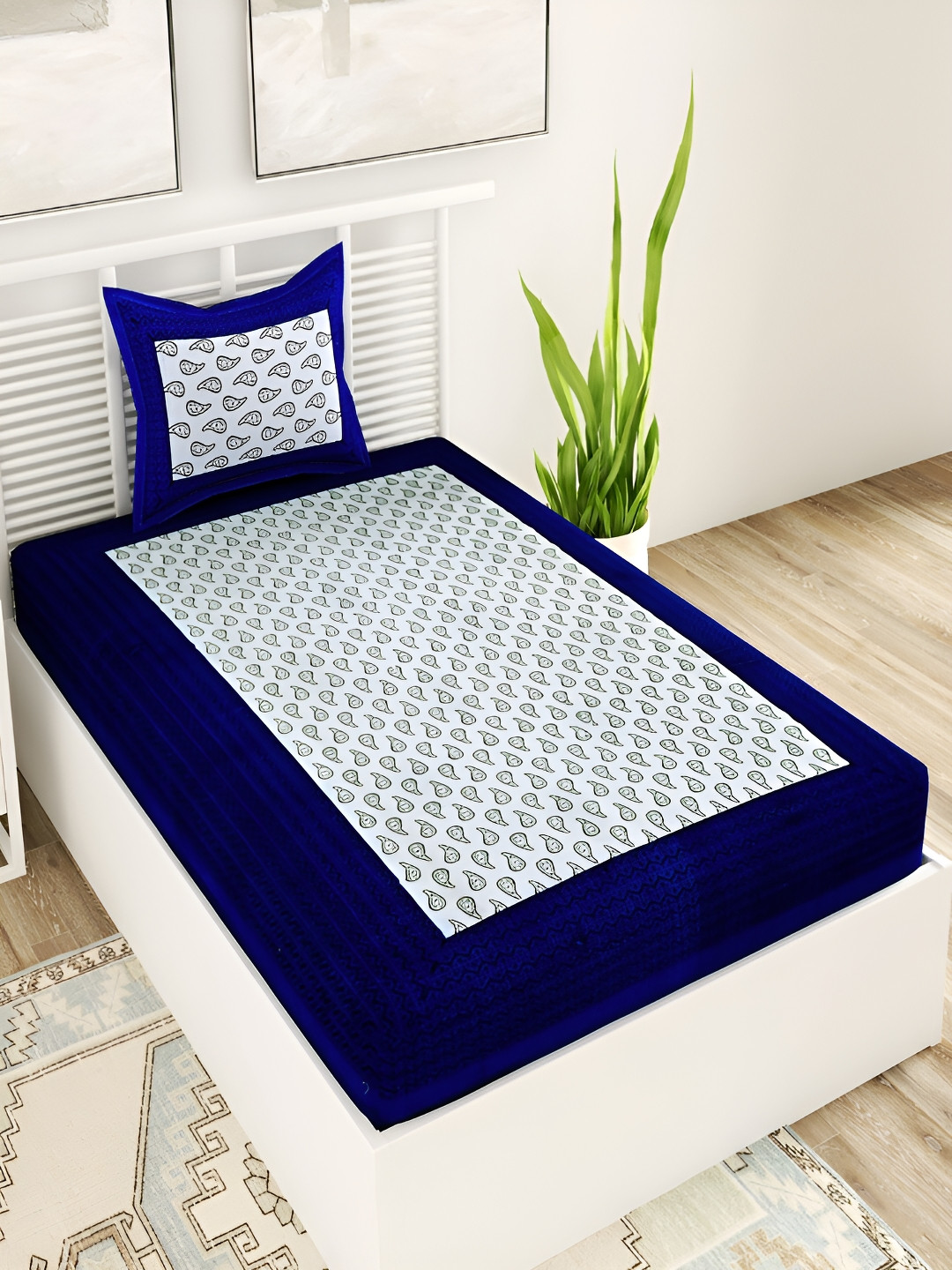 Aura Kamalbuti Blue Paisley Pure Cotton 120 TC Single Bedsheet with 2 Pillow Covers-225 x 145 cm