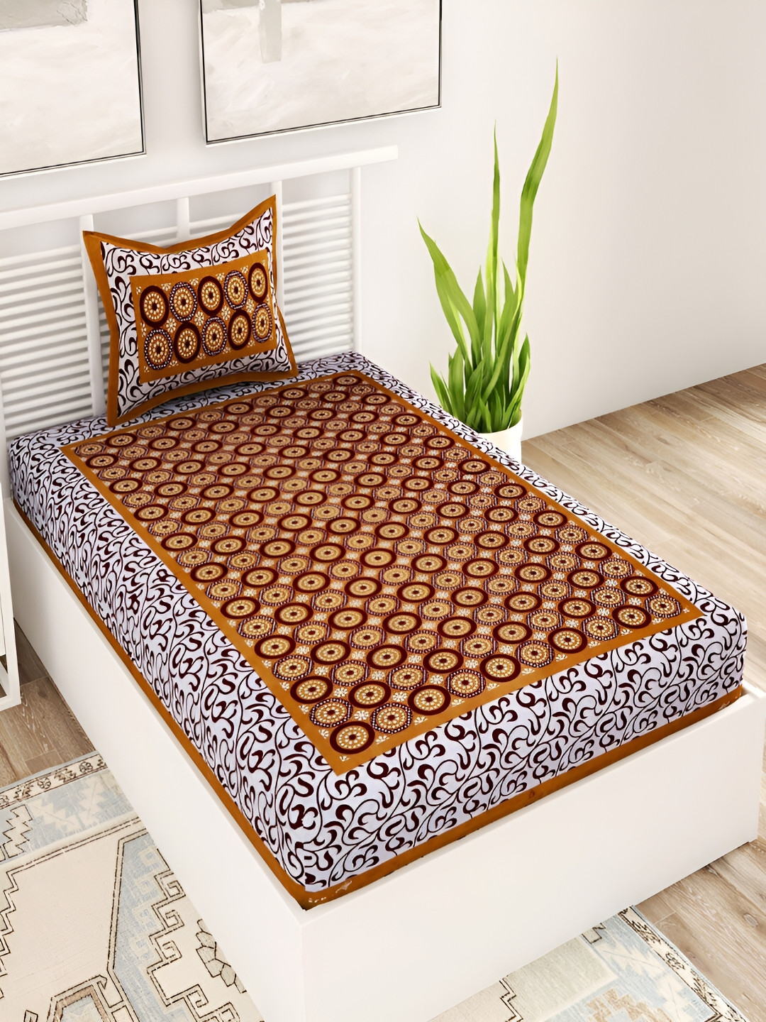 Aura Brown Geometric Cotton 120 TC Single Bedsheet with 2 Pillow Covers-89 x 57 inches