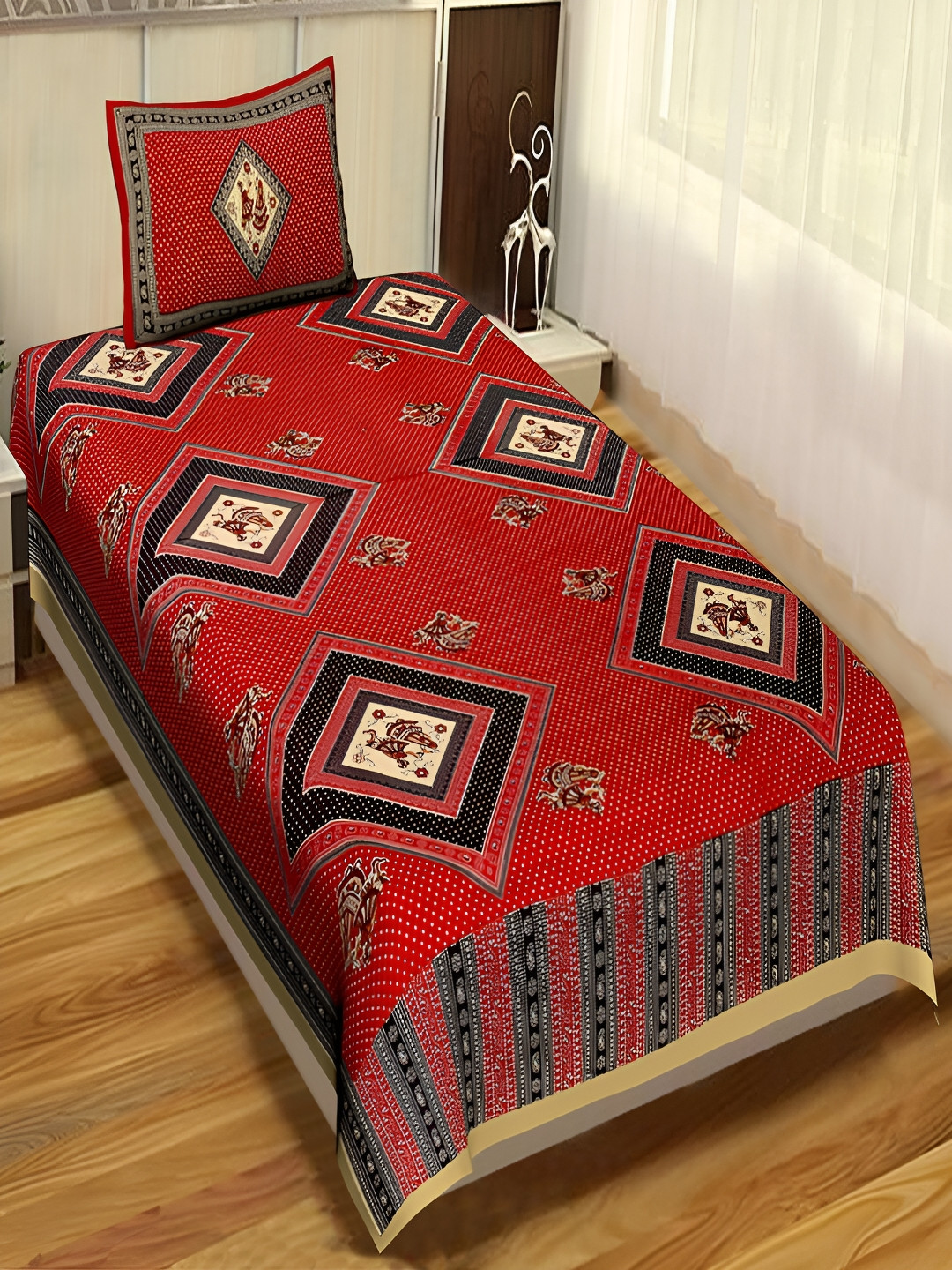 Aura Jaipuri Red Geometric Cotton 120 TC Single Bedsheet with 2 Pillow Covers-89 x 57 inches