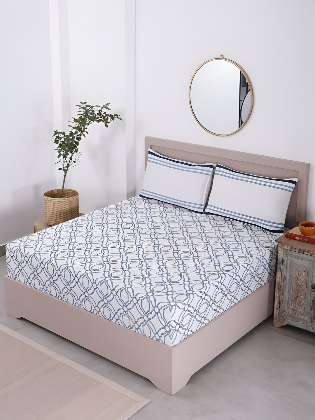House of Pataudi Serina Blue Geometric Pure Cotton 130 TC King Superfine Bedsheet with 2 Pillow Covers-104 x 104 inches