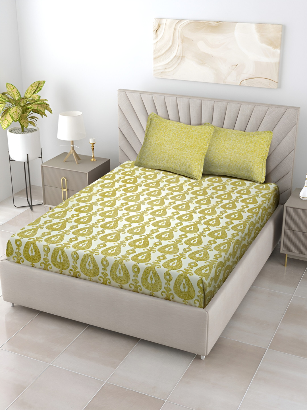 House of Pataudi Yellow Ethnic Motifs Pure Cotton 130 TC Queen Superfine Bedsheet with 2 Pillow Covers-104 x 88 inches
