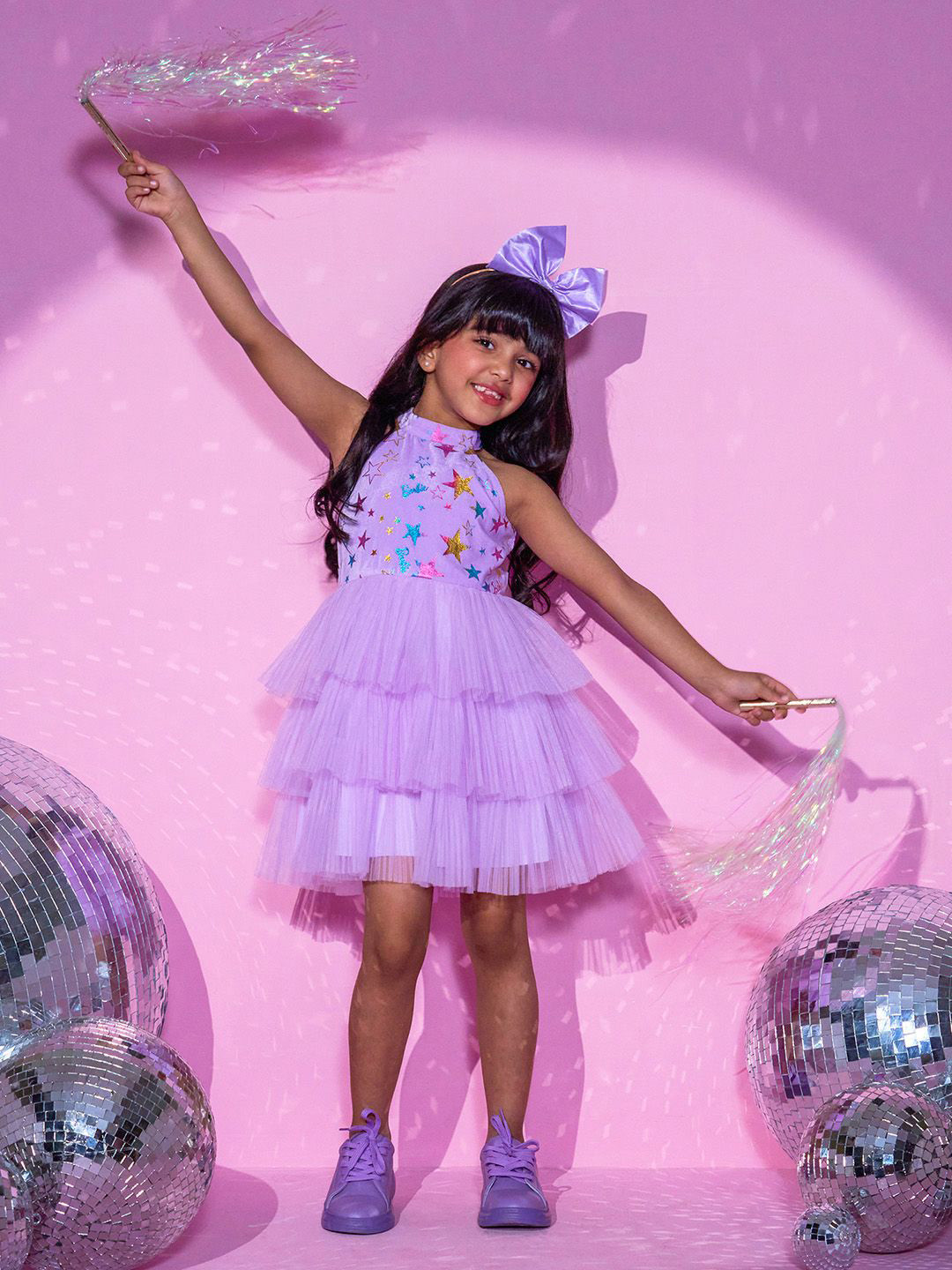 LIL DRAMA Girls Barbie Conversational Embellished Cotton Layerd Fit & Flare Dress