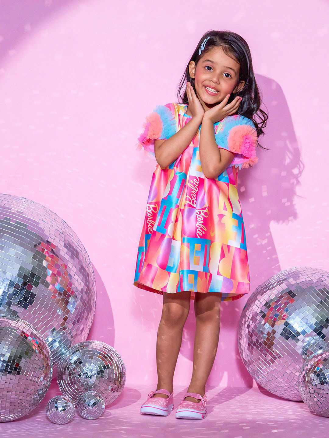 LIL DRAMA Girls Barbie Print Typography Print Ruffles Cotton A-Line Dress