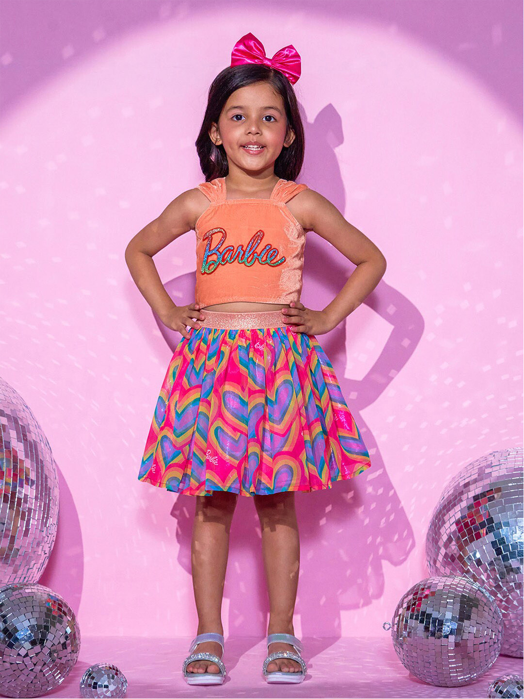 LIL DRAMA Girls Barbie  Printed Shoulder Straps Top with Skirt