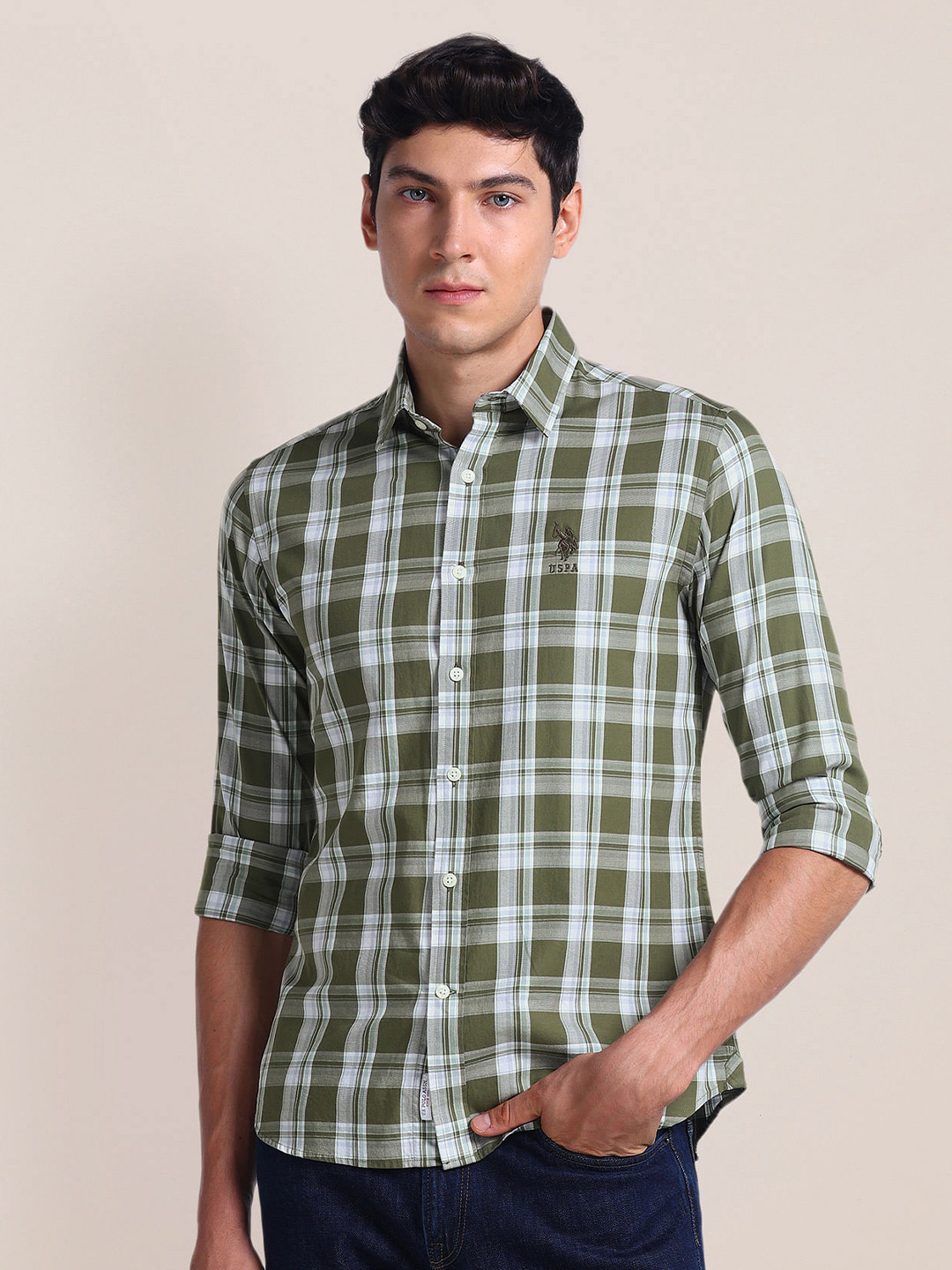 U.S. Polo Assn. Spread Collar Tartan Checks Opaque Cotton Casual Shirt