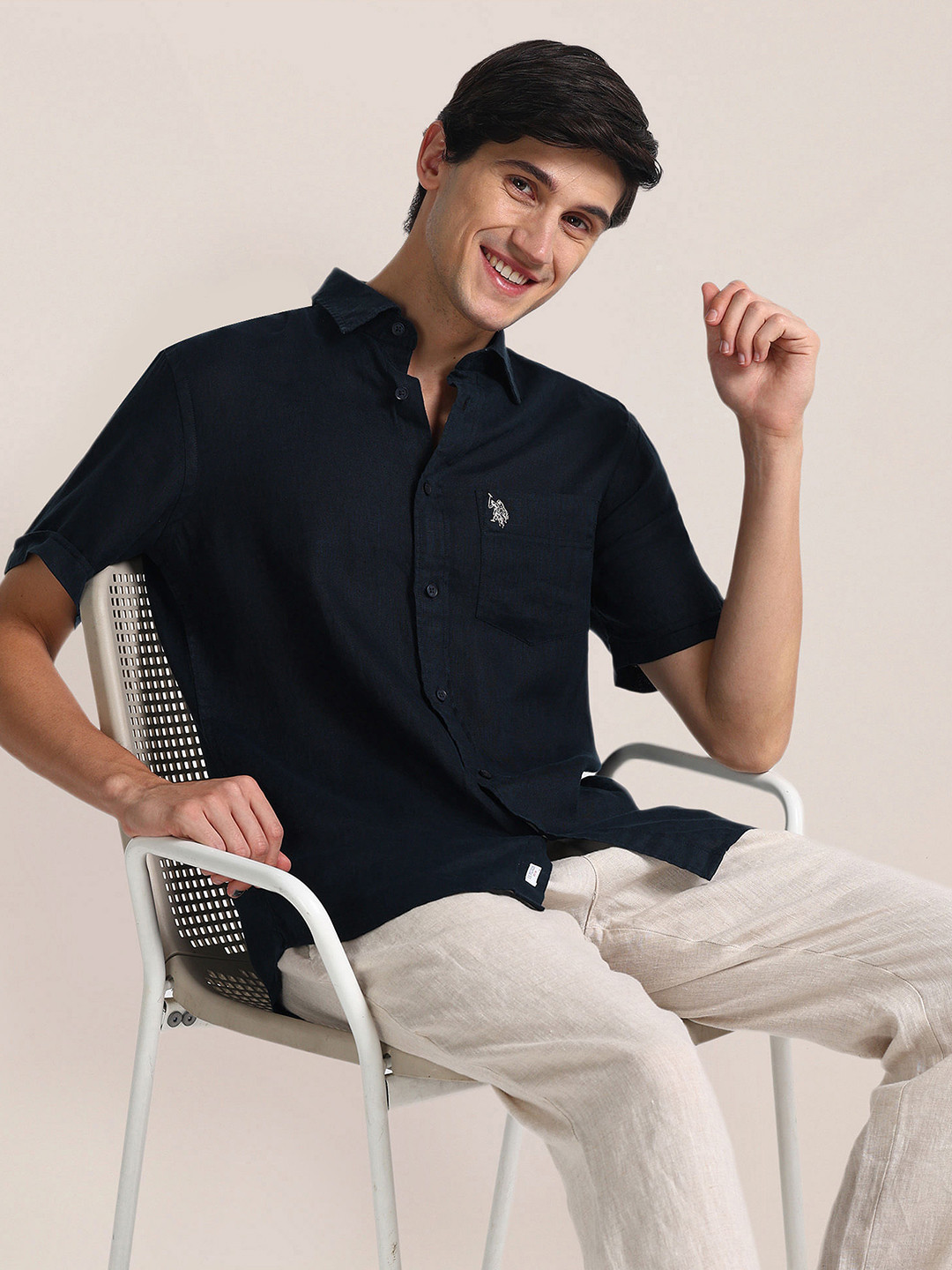 U.S. Polo Assn. Spread Collar Short Sleeves Linen Casual Shirt