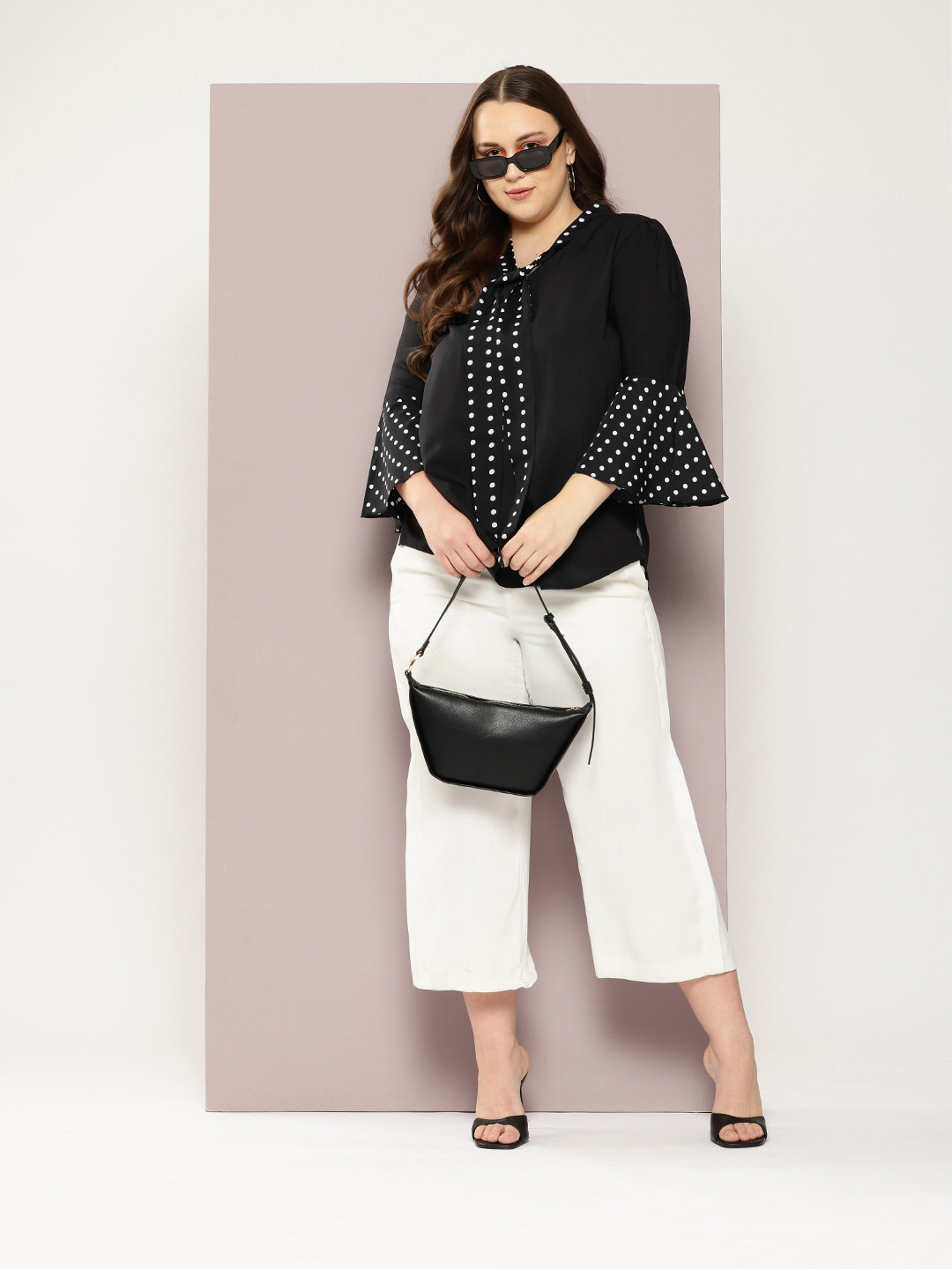 Qurvii+ Plus Size Polka Dot Print Tie-Up Neck Bell Sleeves Crepe Top