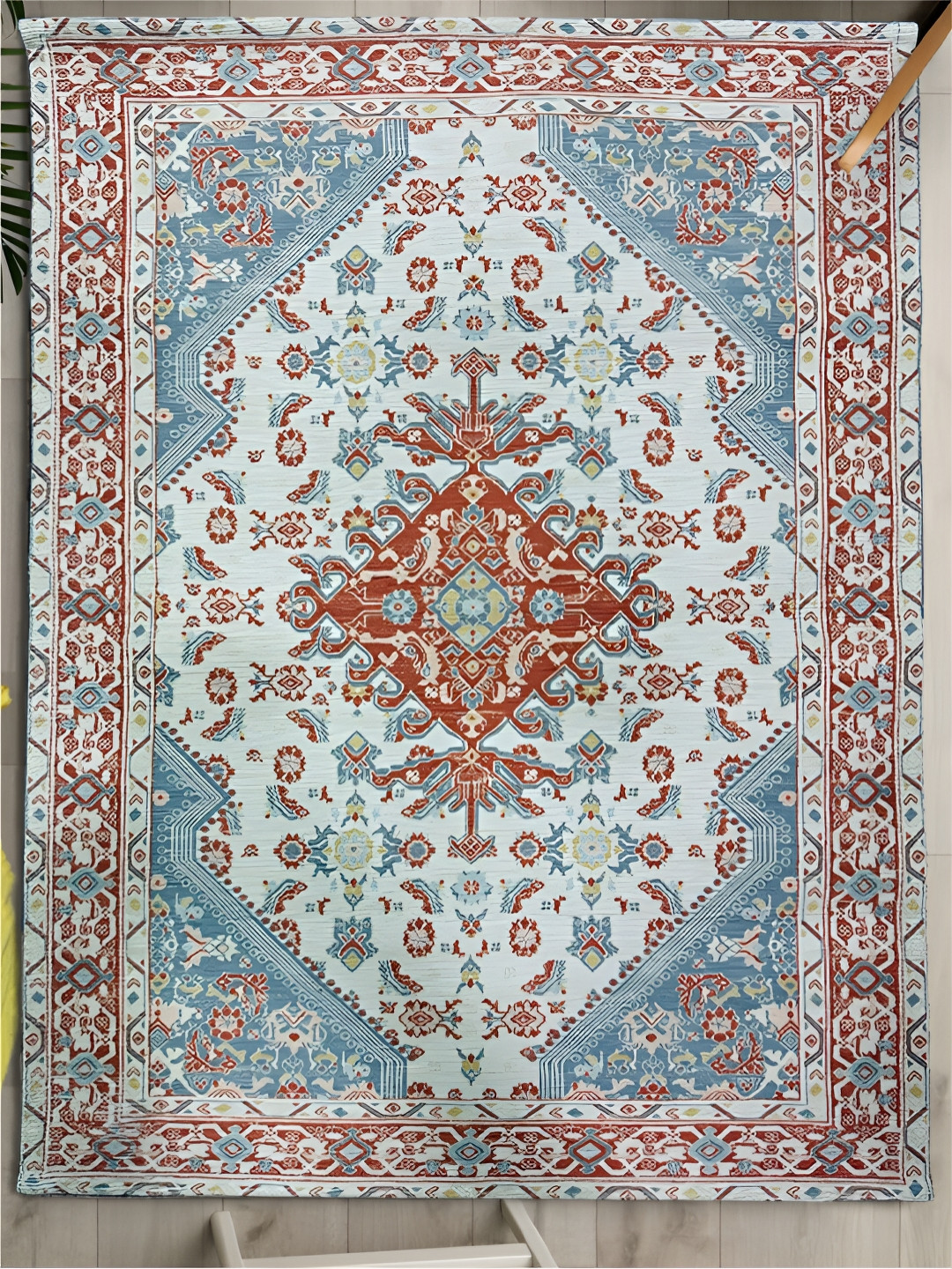 URBAN SPACE Blue & Red Ethnic Motifs Printed Vintage Anti-Skid Carpet