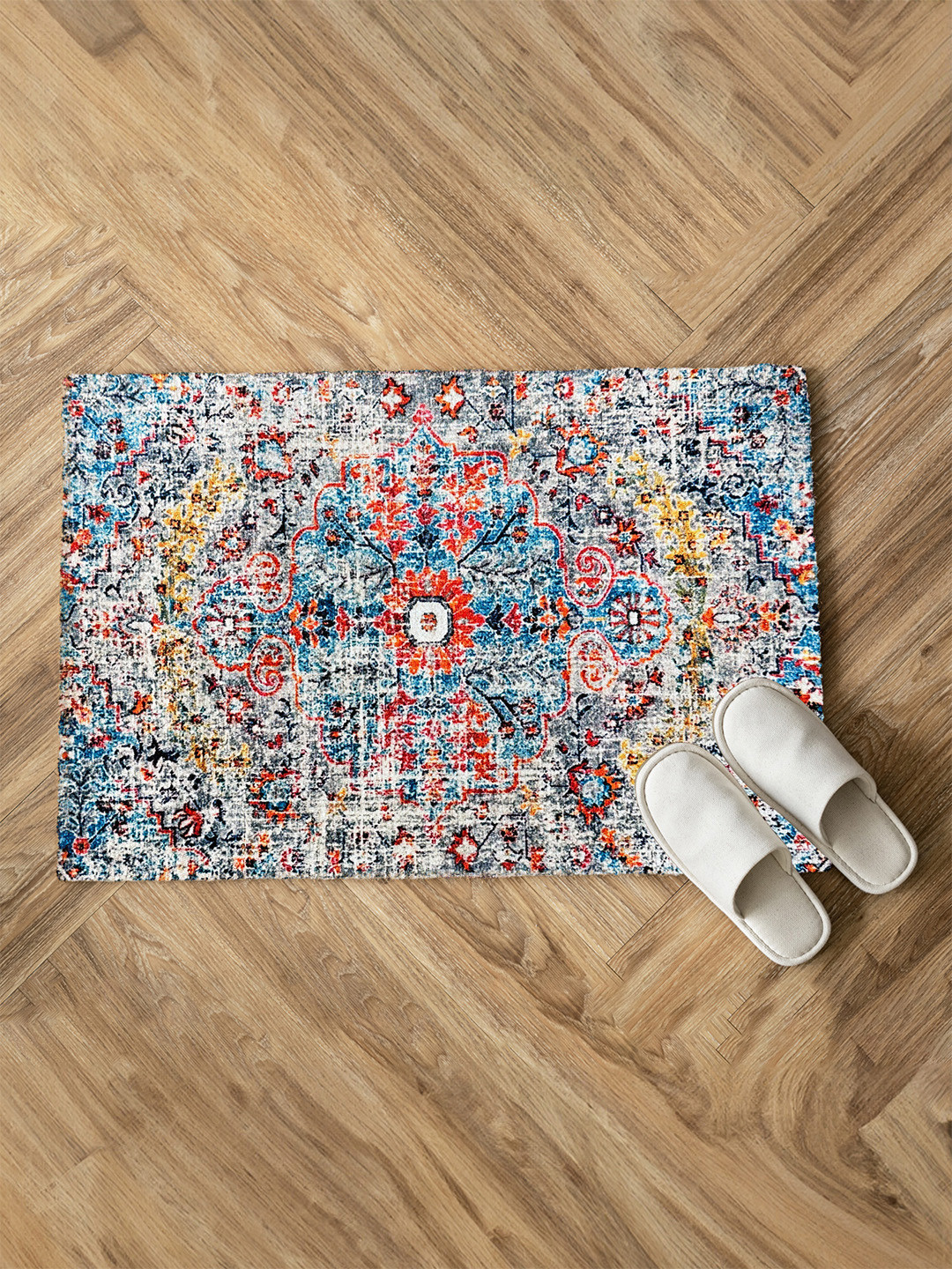 URBAN SPACE Blue & Red Ethnic Motifs Printed Vintage Anti-Skid Carpet