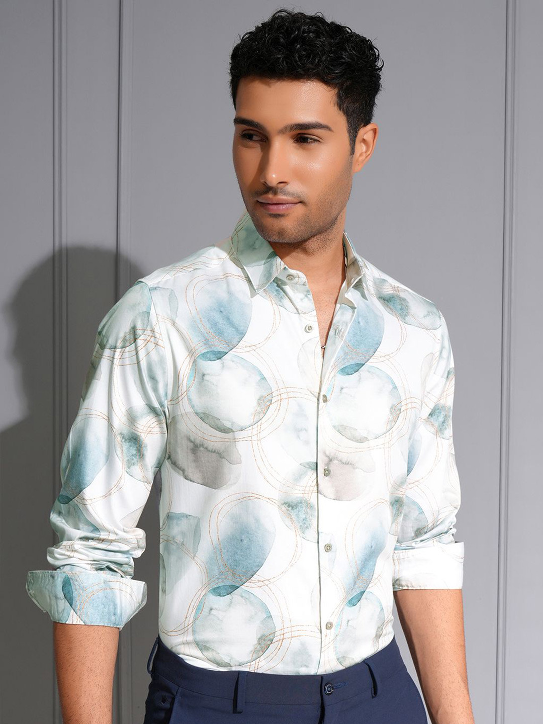 LOCOMOTIVE Slim Fit Premium White & Teal Satin Printed Party Shirt
