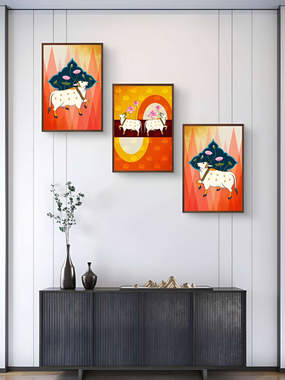 999Store Cow Nandi Paper 3 Pcs Wall Rectangle Paintings Wall Art - 16 x 10In