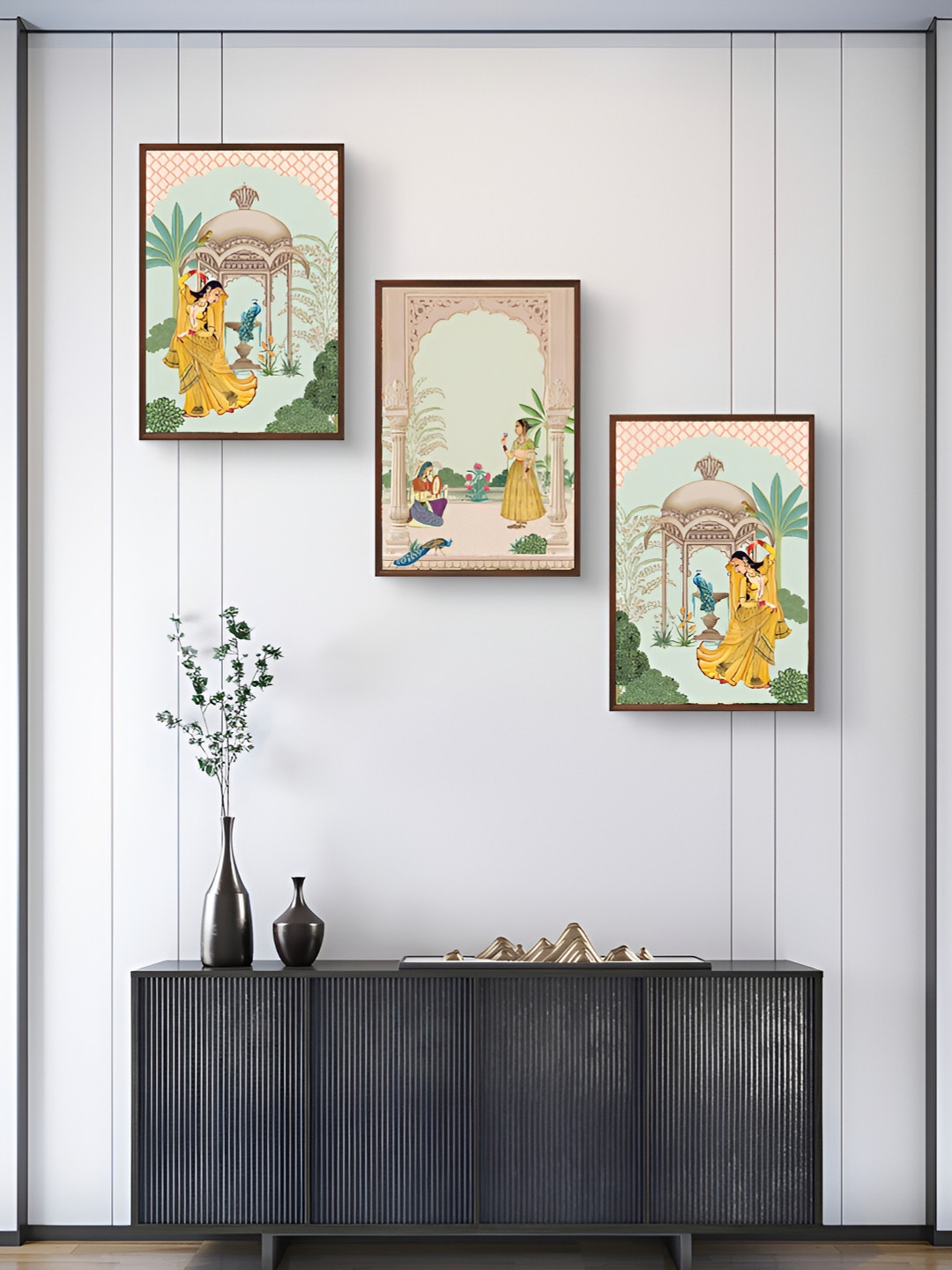 999Store Dancing Women With Peacock Paper 3 Piece Rectangle Paintings Wall Art - 16 x 10In