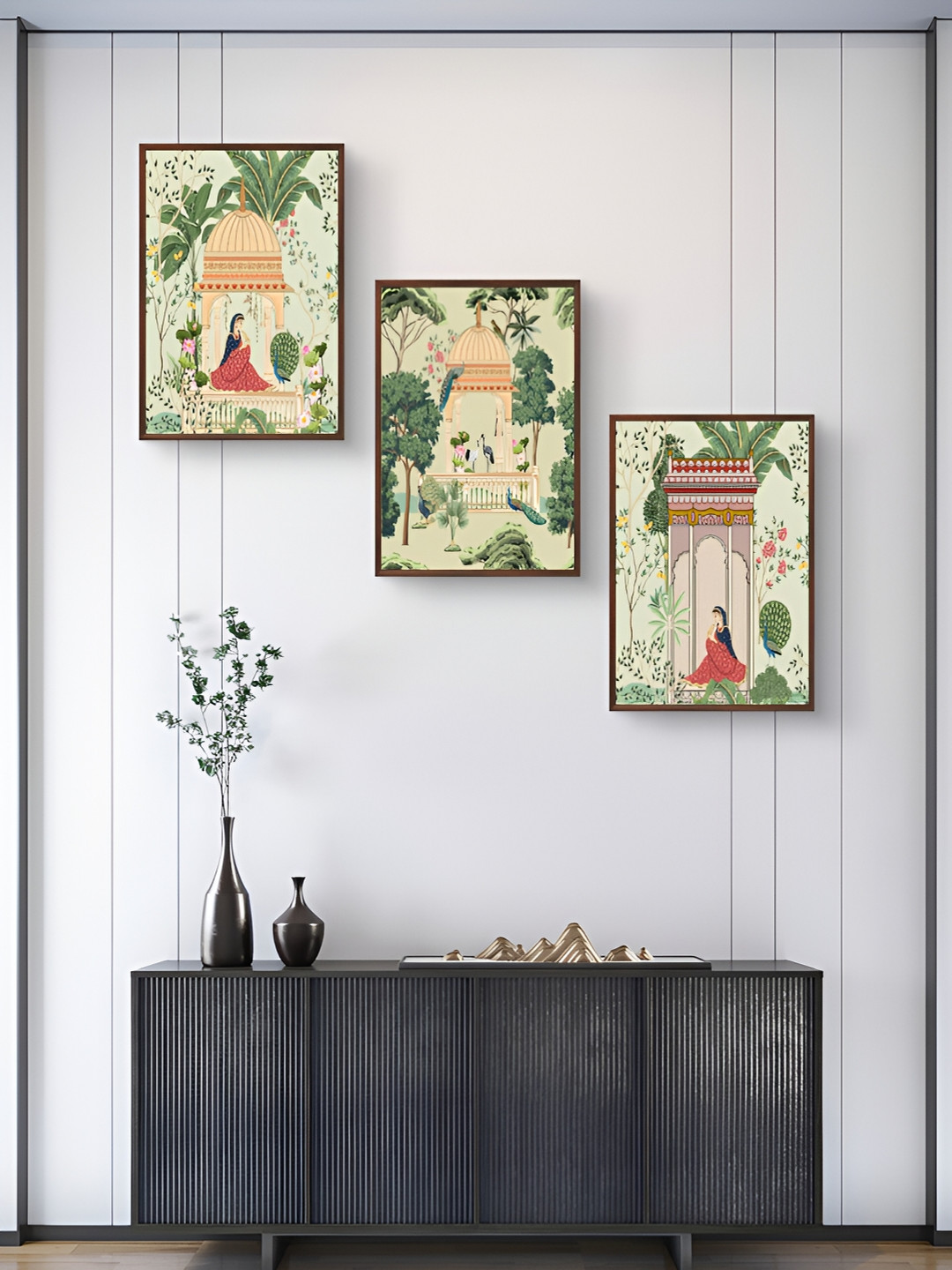 999Store Mughal Garden With Women Paper 3 Piece Rectangle Paintings Wall Art - 16 x 10 In