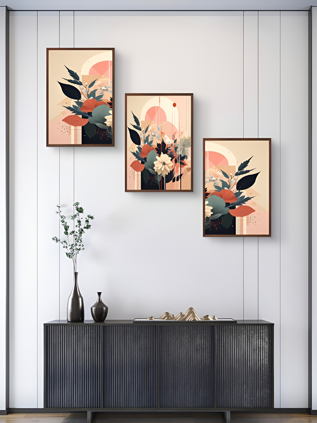 999Store Peach-Coloured & Grey 3 Pieces Floral and Botanical Painting Wall Arts
