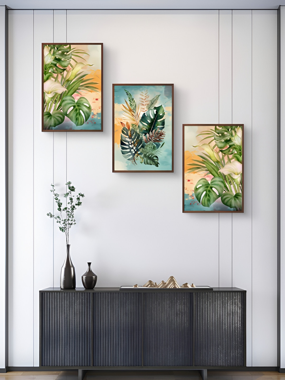 999Store Flower Green Paper 3 Pcs Wall Bedroom Rectangle Paintings Wall Art -15 x 10In