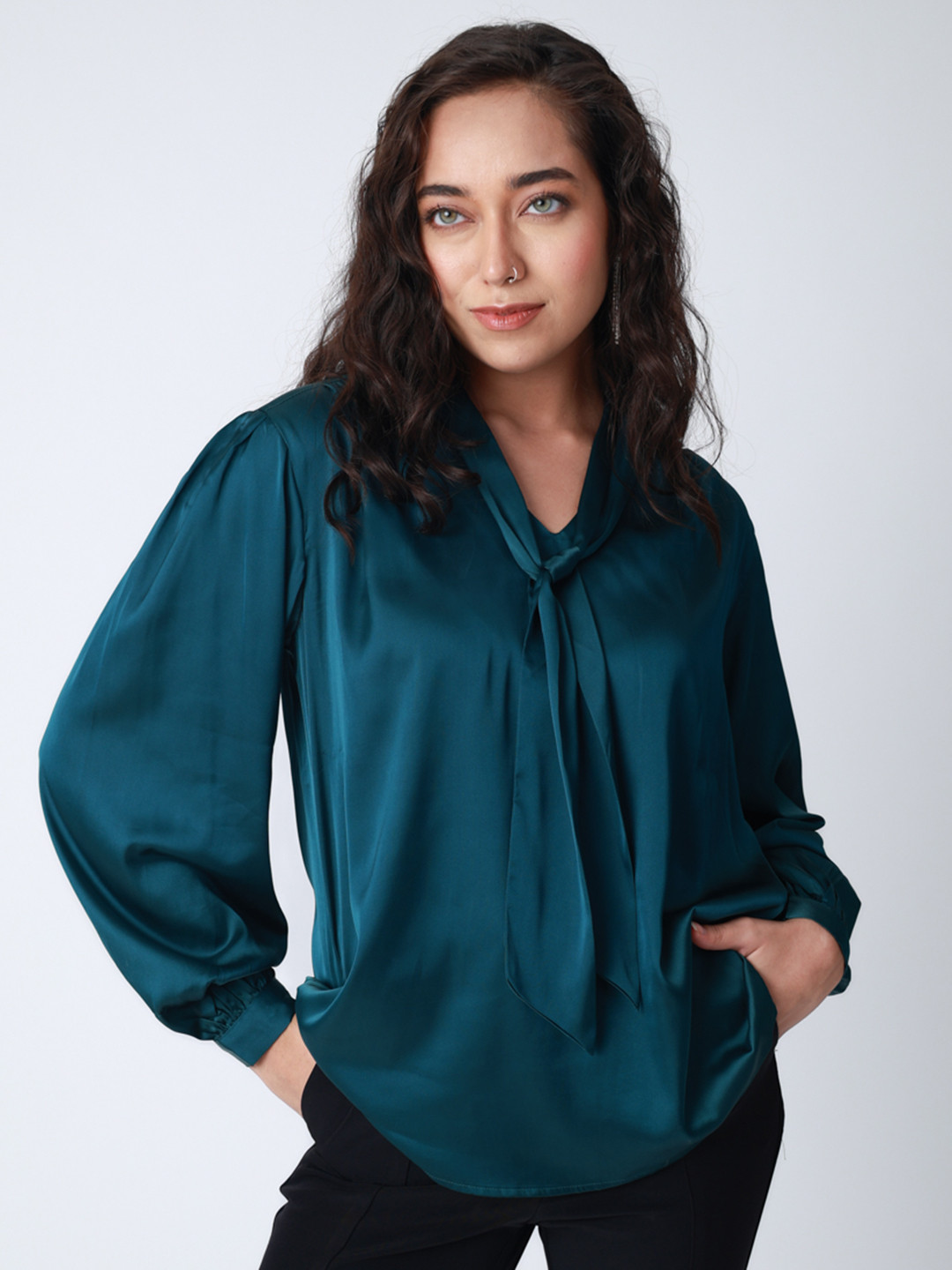 Strong And Brave Tie-Up Neck Satin Regular Fit Top