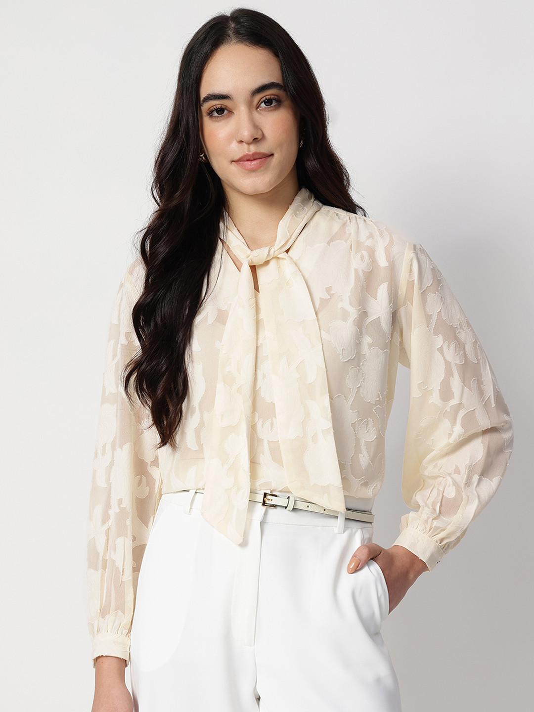 Strong And Brave Tie-Up Neck Long Cuffed Sleeves Regular Top