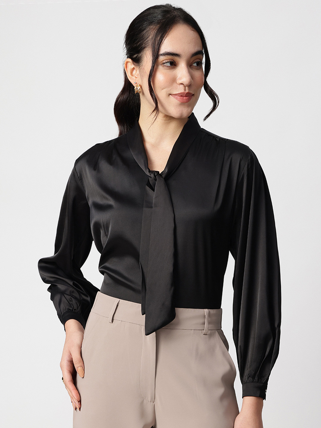 Strong And Brave Tie-Up Neck Long Cuffed Sleeves Satin Top