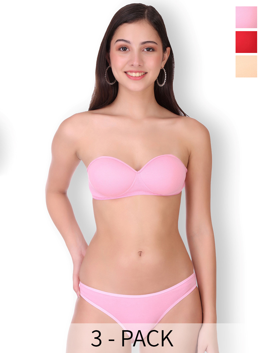 Selfcare Pack of 3 Solid Cotton Lightly Padded Bra And Panty Lingerie Set- SN2603