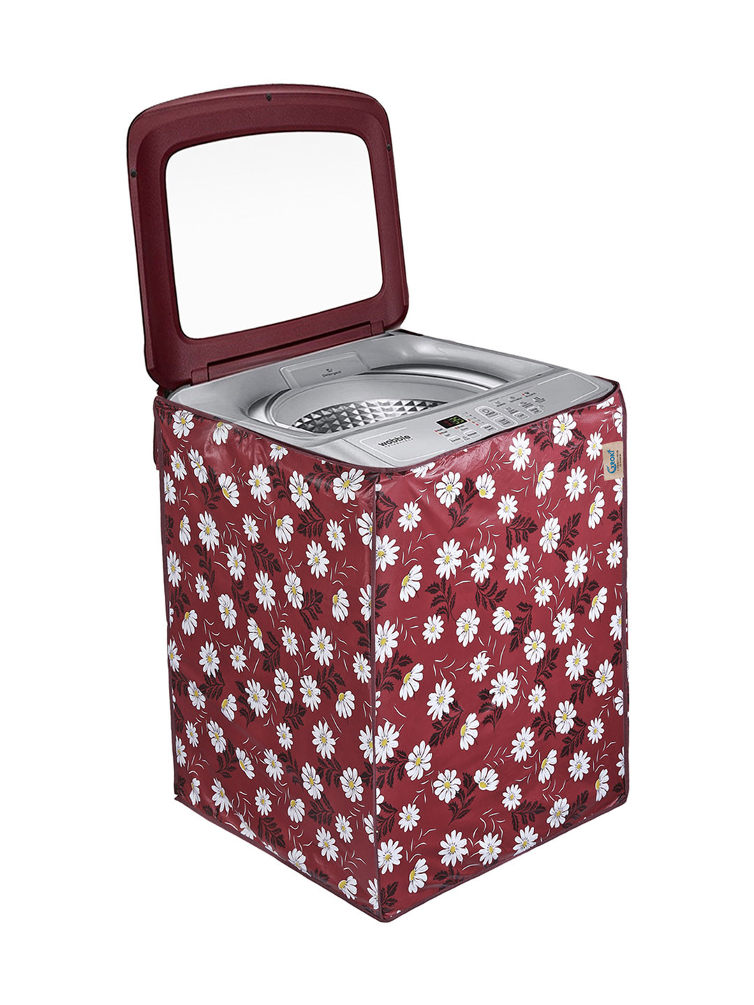 GROKI White & Maroon Printed Waterproof Washing Machine Cover