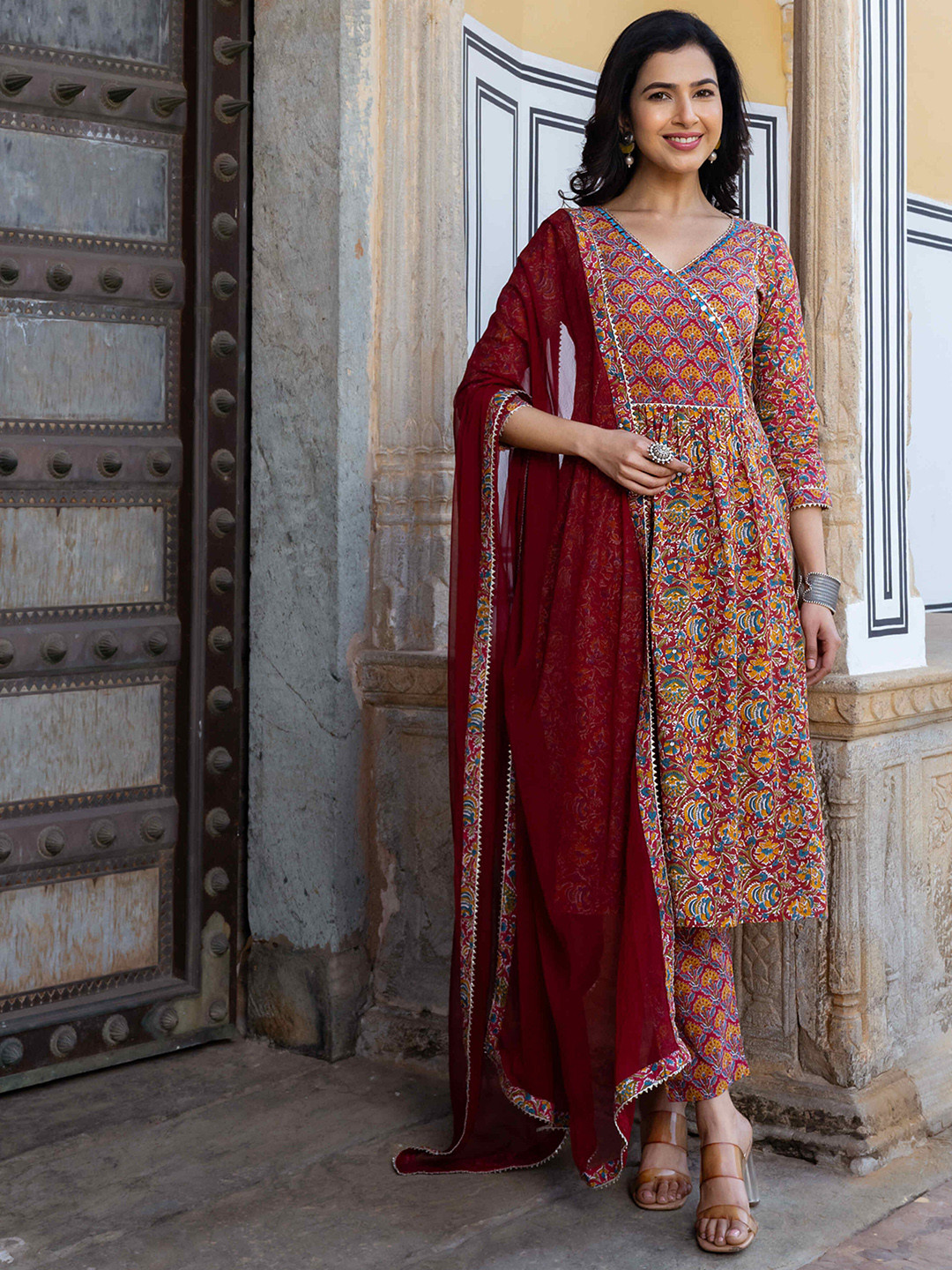 GAYRAA Floral Printed Mirror Work Pure Cotton A-Line Kurta With Trousers & Dupatta