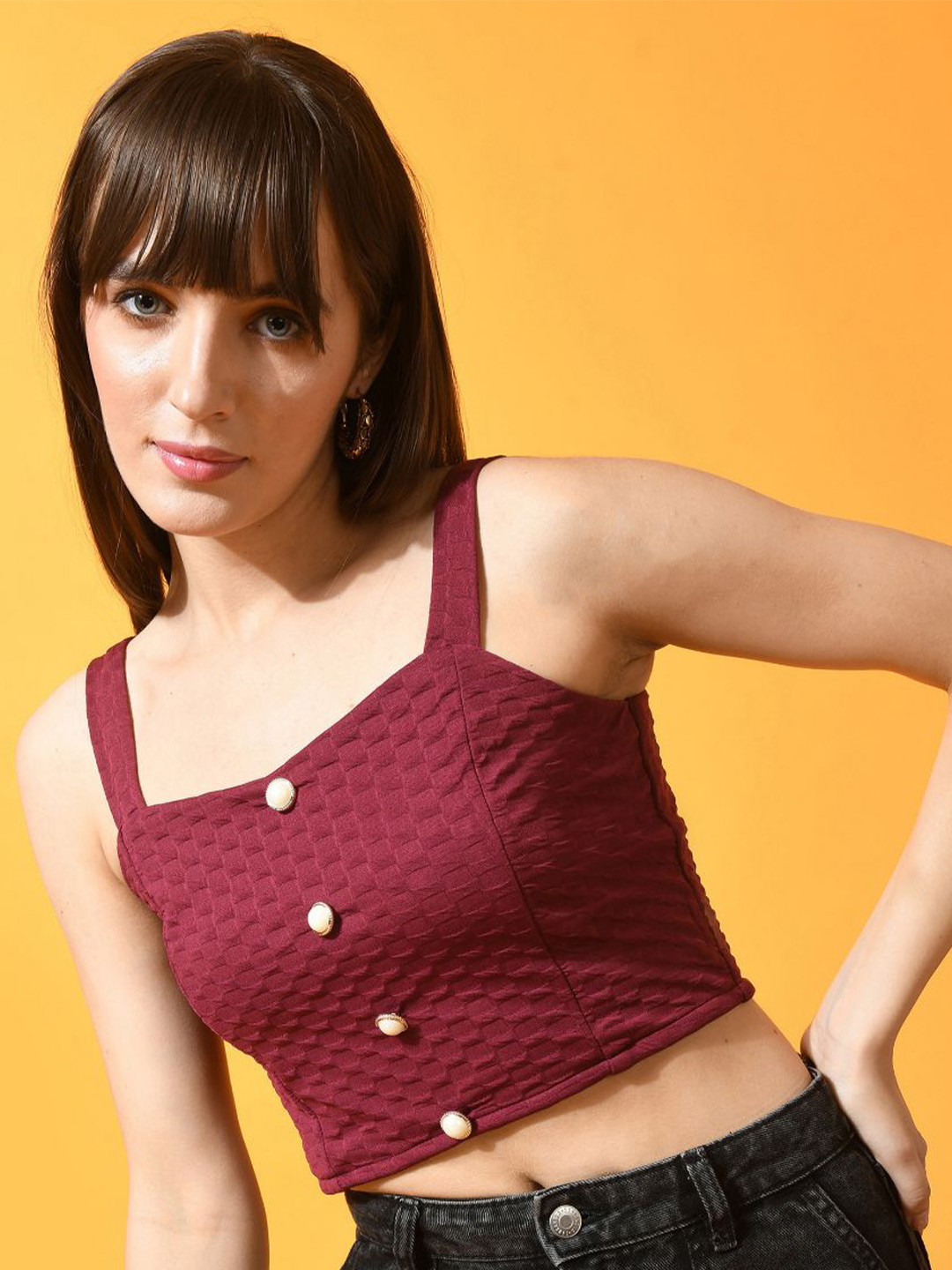 Maroon Self Design Square Neck Crop Top