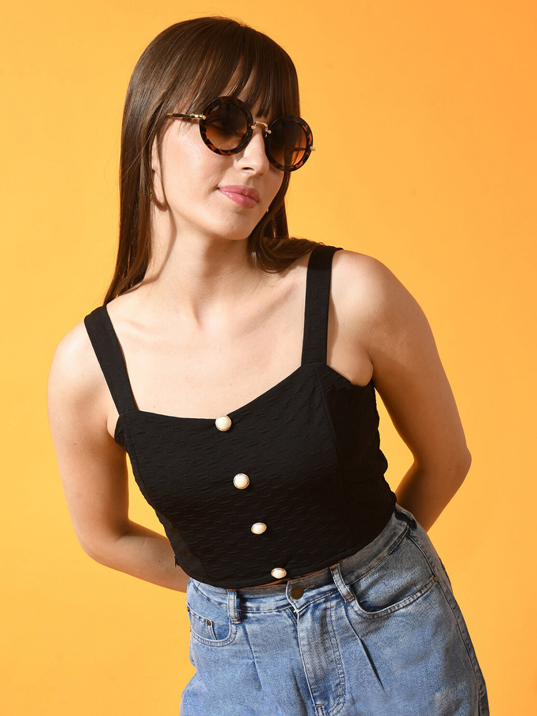 IUGA Self Design Shoulder Straps Fitted Crop Top