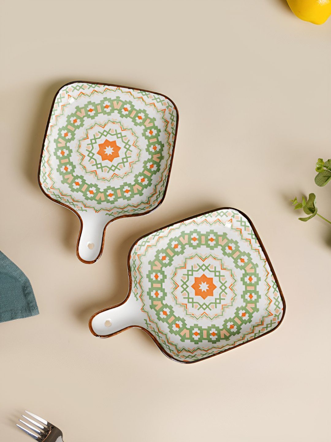 Nestasia 2-Pcs Green Printed Ceramic Serving Plate With Handle