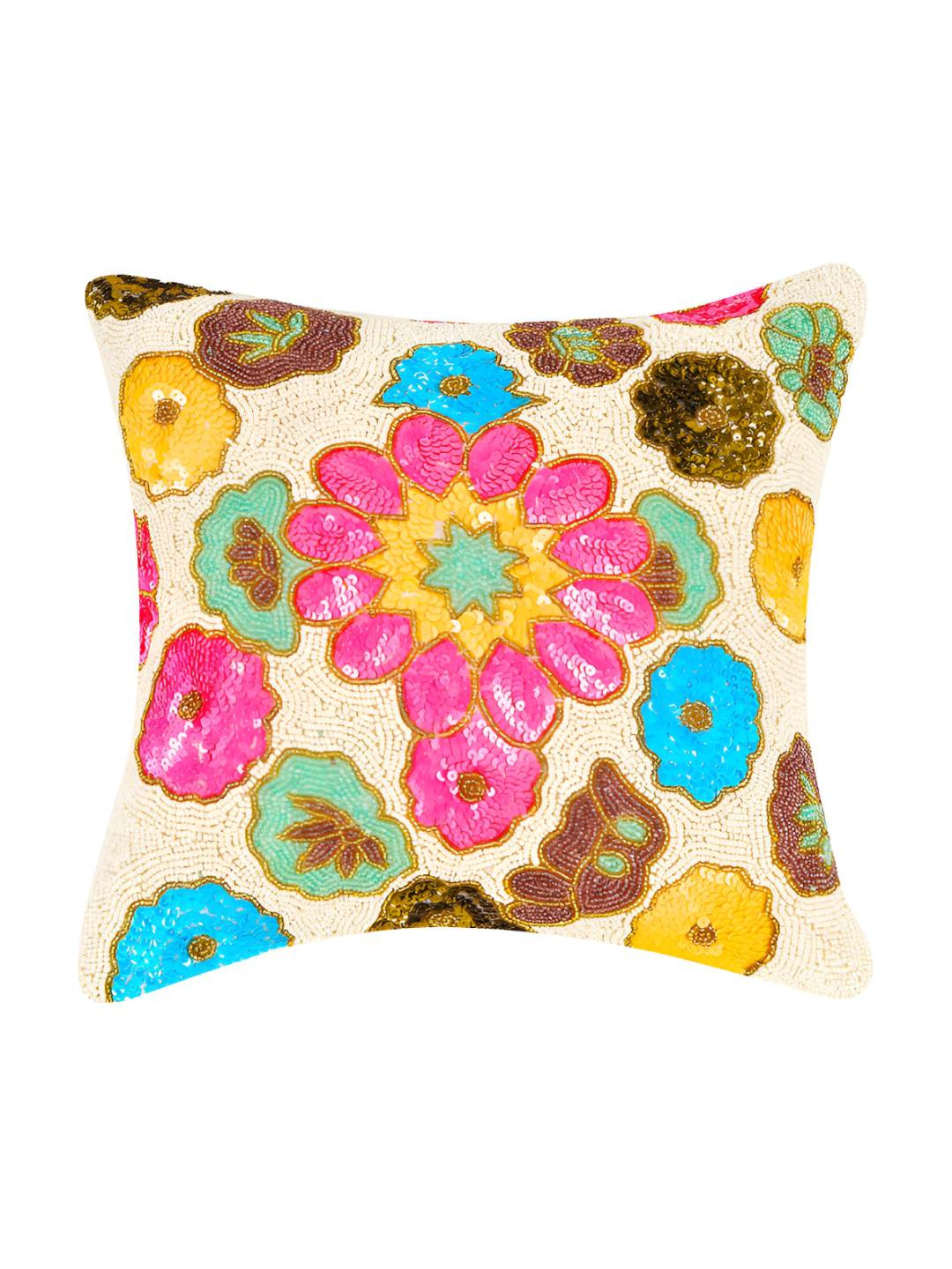 PURINA'S Cream-Coloured & Pink Floral Square Cushion Cover
