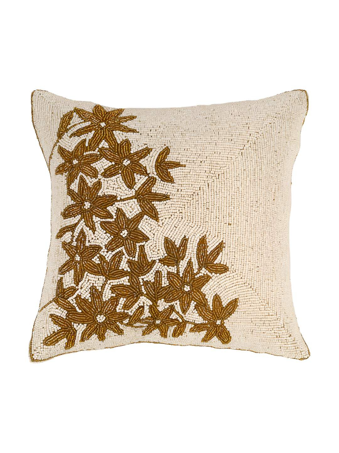 PURINA'S Off White & Gold-Toned Floral Square Cushion Cover