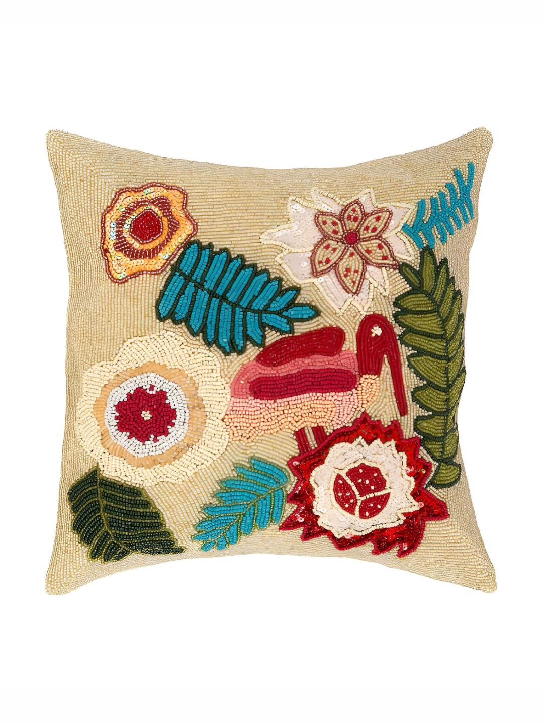 PURINA'S Cream Floral Silk Durable Embroidered Square Cushion Cover -16x16In
